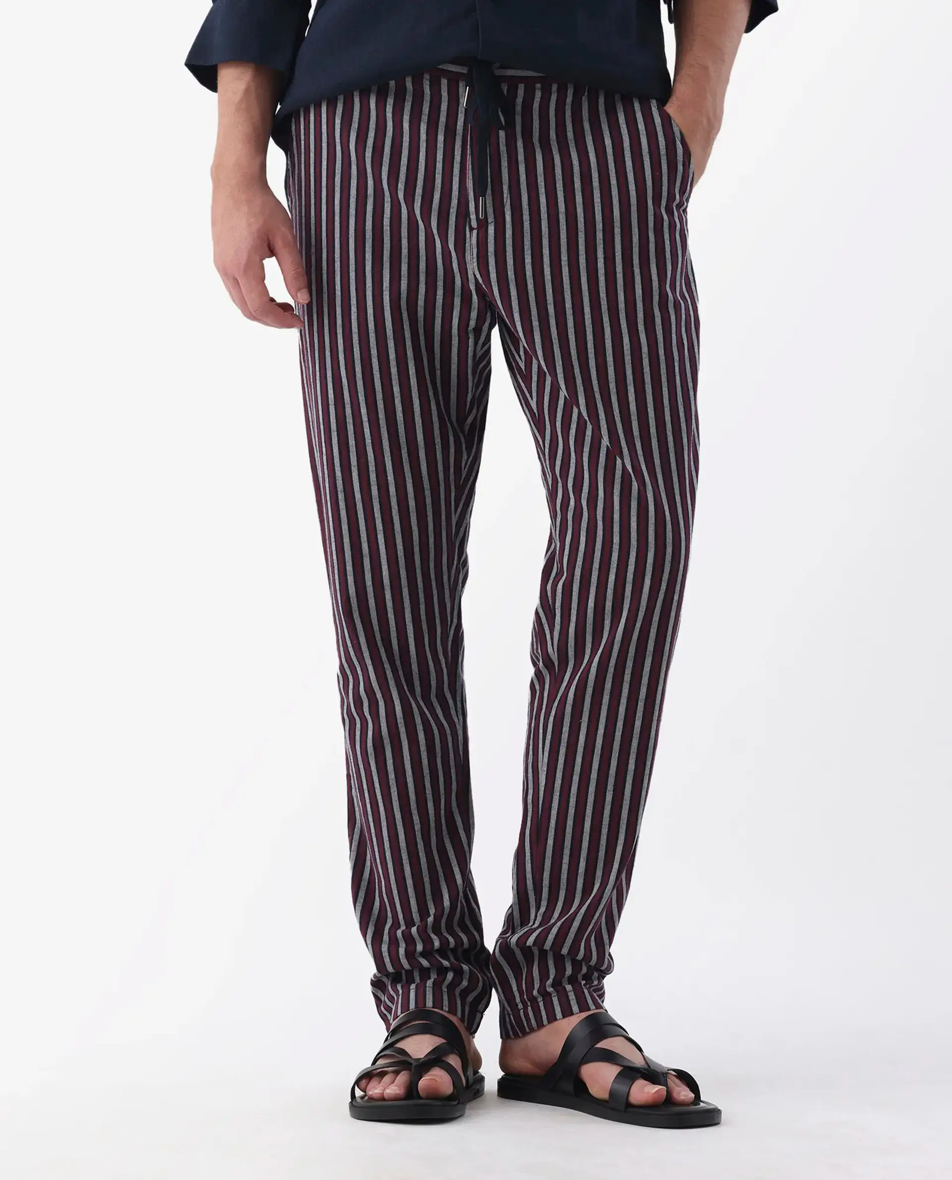 Rare Rabbit Men's Kimo Maroon Linen Blend Striped Print Regular Fit Trouser - Image 10