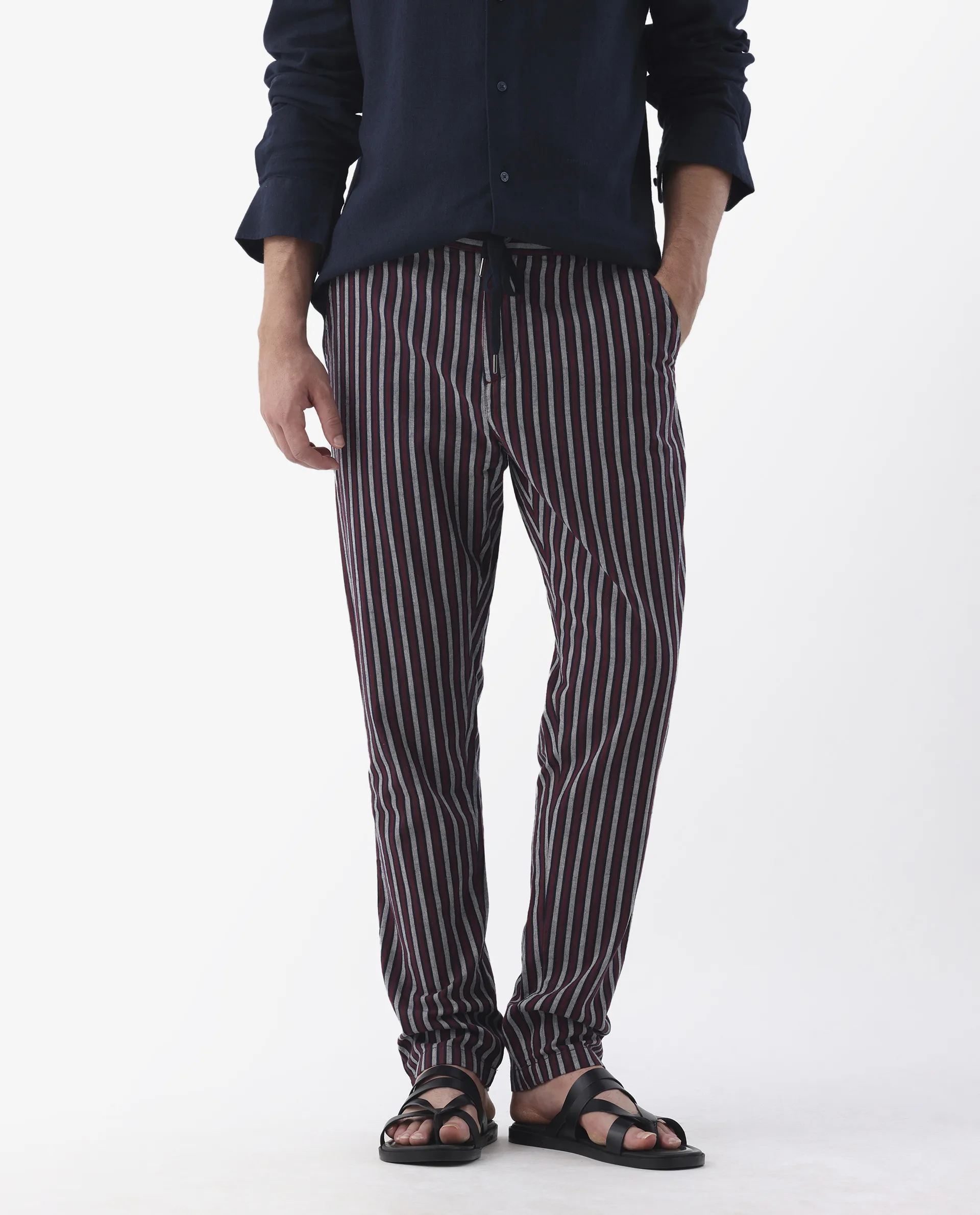 Rare Rabbit Men's Kimo Maroon Linen Blend Striped Print Regular Fit Trouser - Image 2