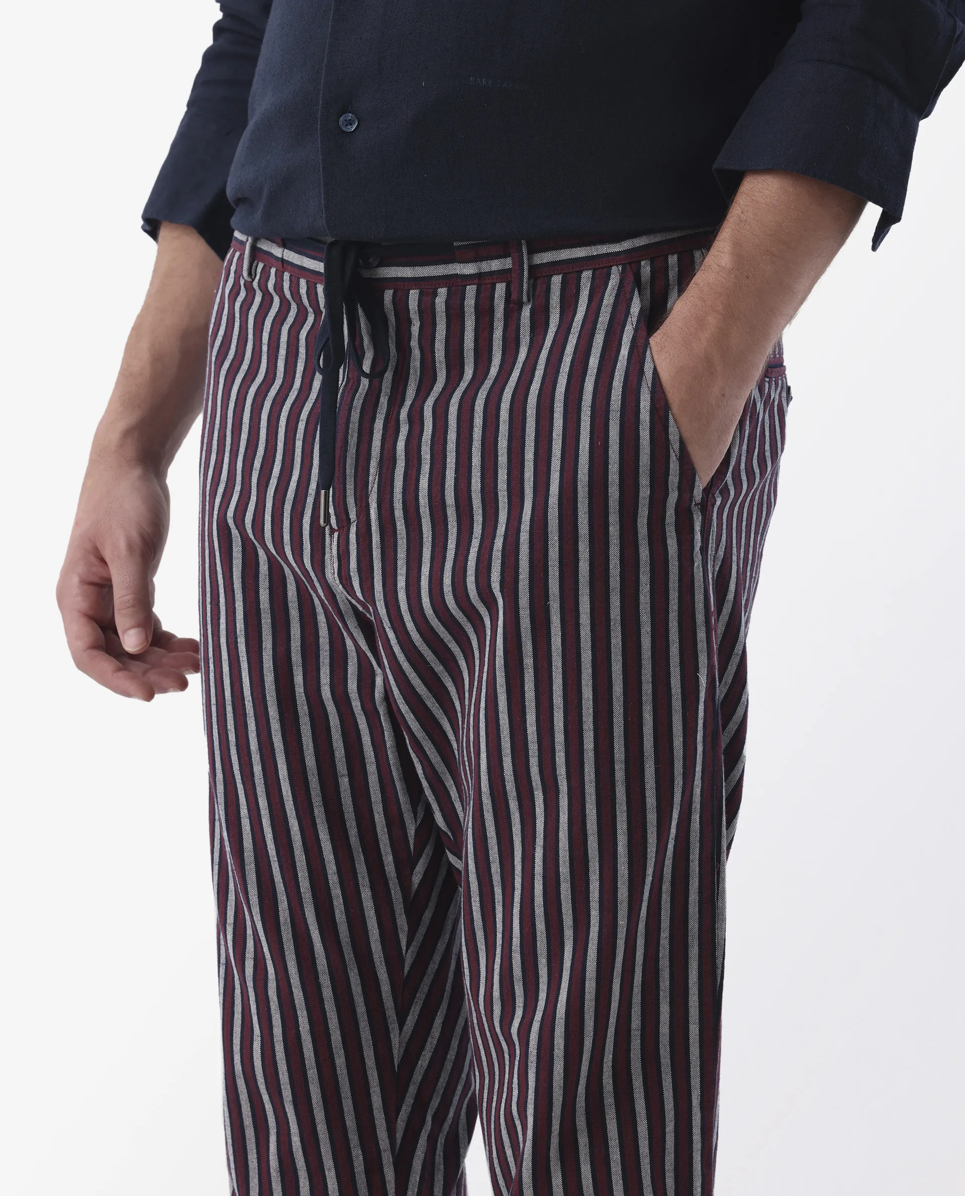 Rare Rabbit Men's Kimo Maroon Linen Blend Striped Print Regular Fit Trouser - Image 3