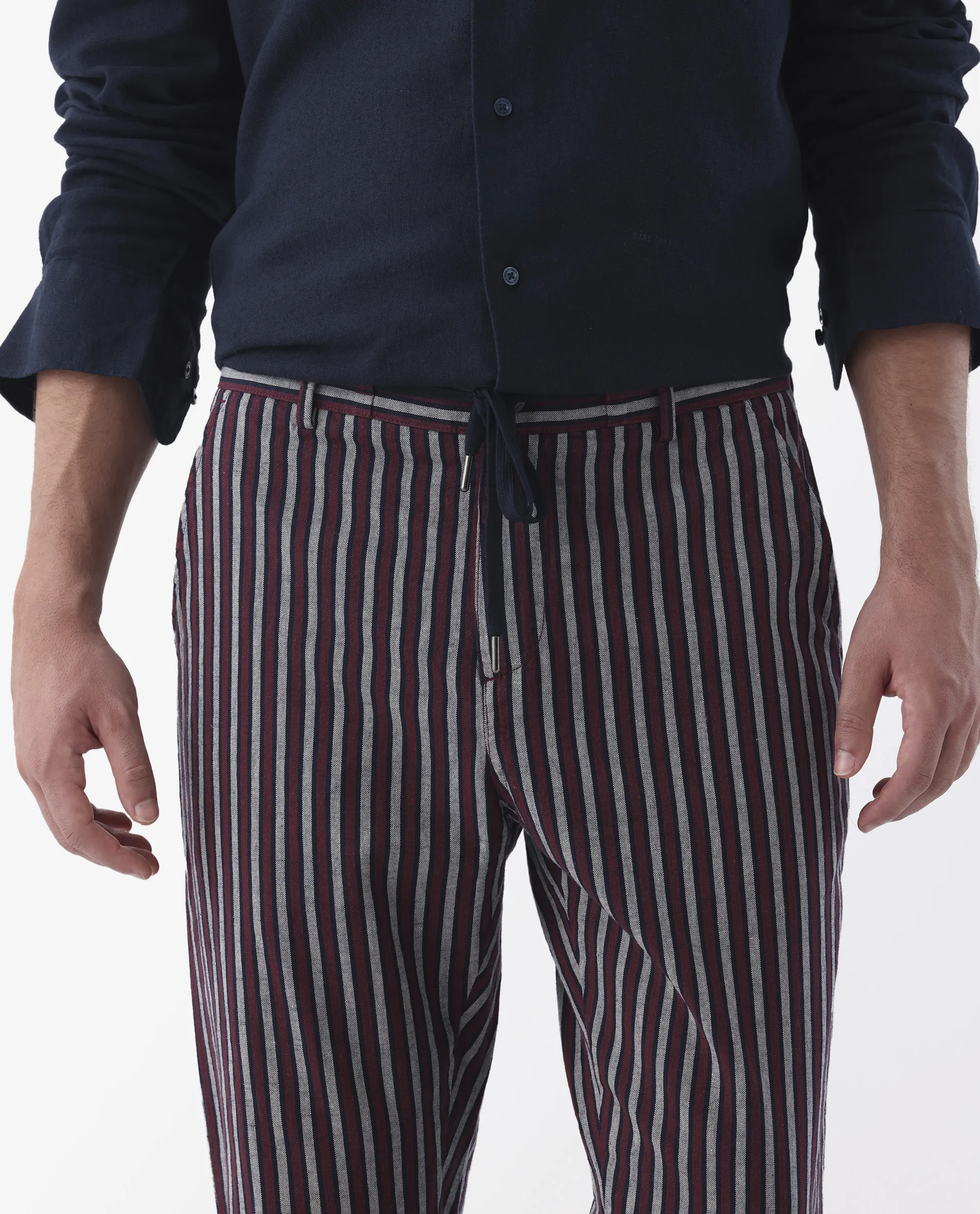 Rare Rabbit Men's Kimo Maroon Linen Blend Striped Print Regular Fit Trouser - Image 4