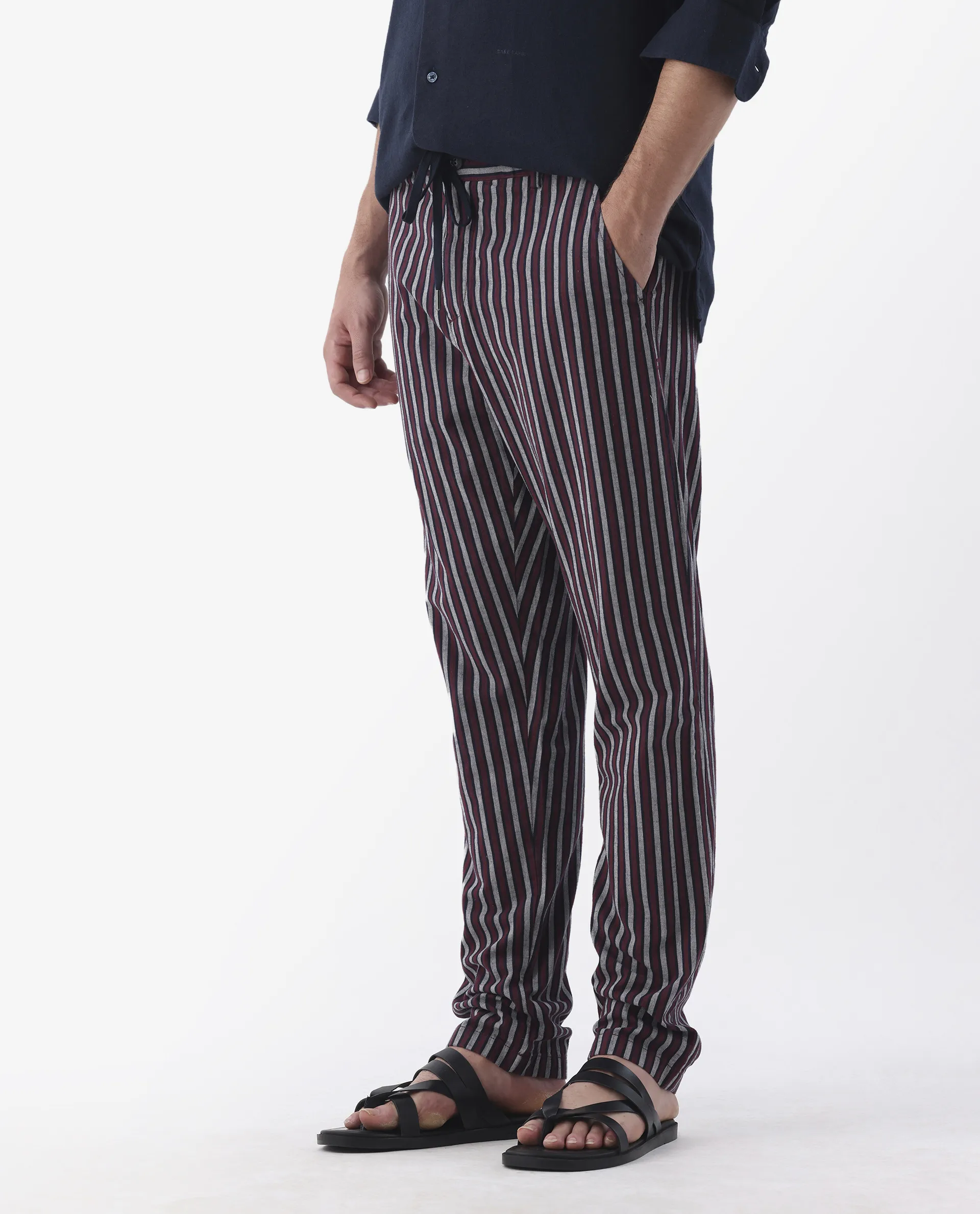Rare Rabbit Men's Kimo Maroon Linen Blend Striped Print Regular Fit Trouser - Image 5
