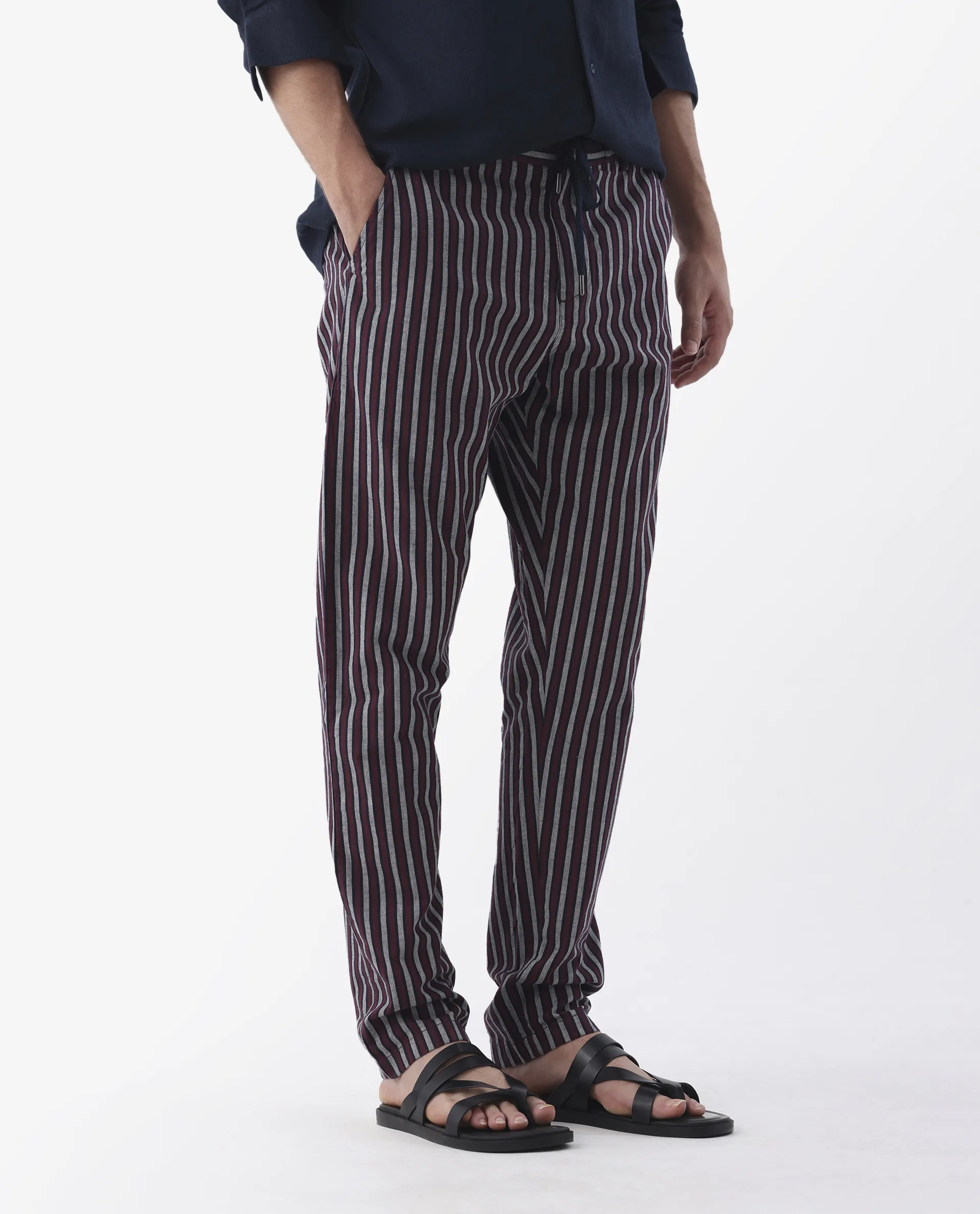 Rare Rabbit Men's Kimo Maroon Linen Blend Striped Print Regular Fit Trouser - Image 6
