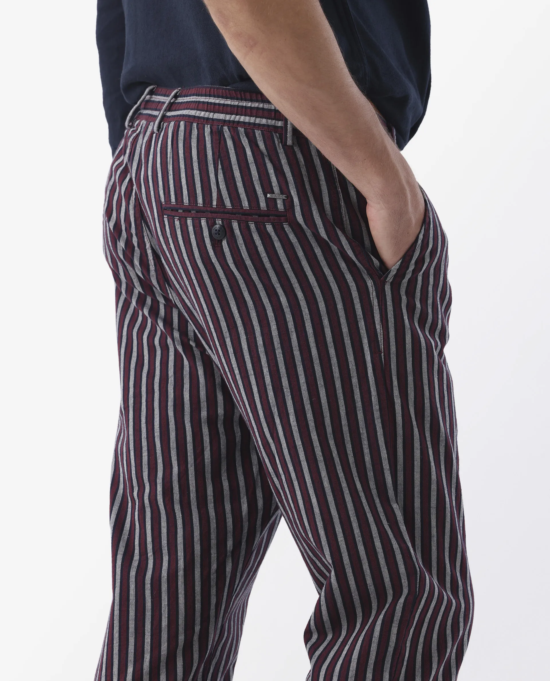 Rare Rabbit Men's Kimo Maroon Linen Blend Striped Print Regular Fit Trouser - Image 7