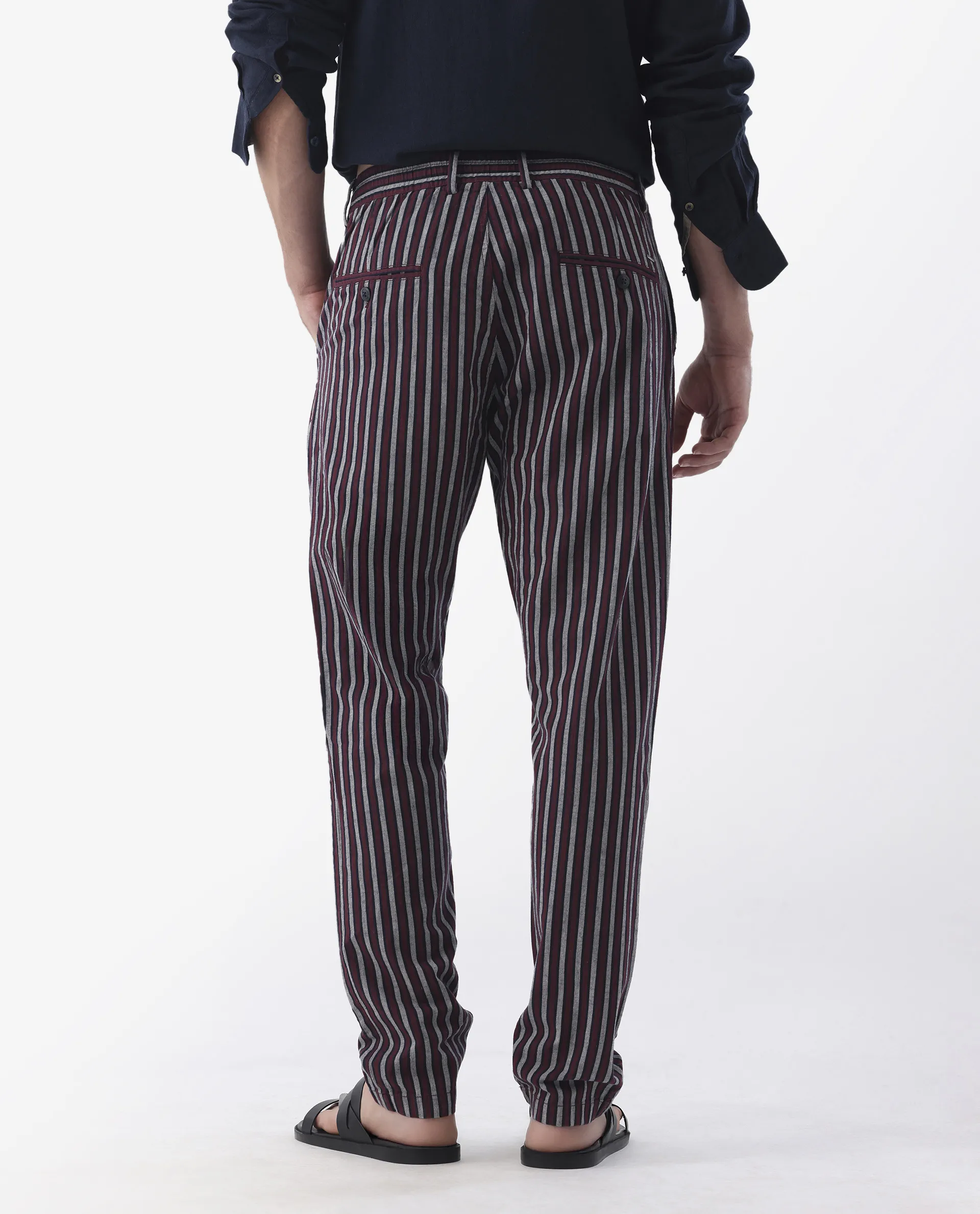 Rare Rabbit Men's Kimo Maroon Linen Blend Striped Print Regular Fit Trouser - Image 8