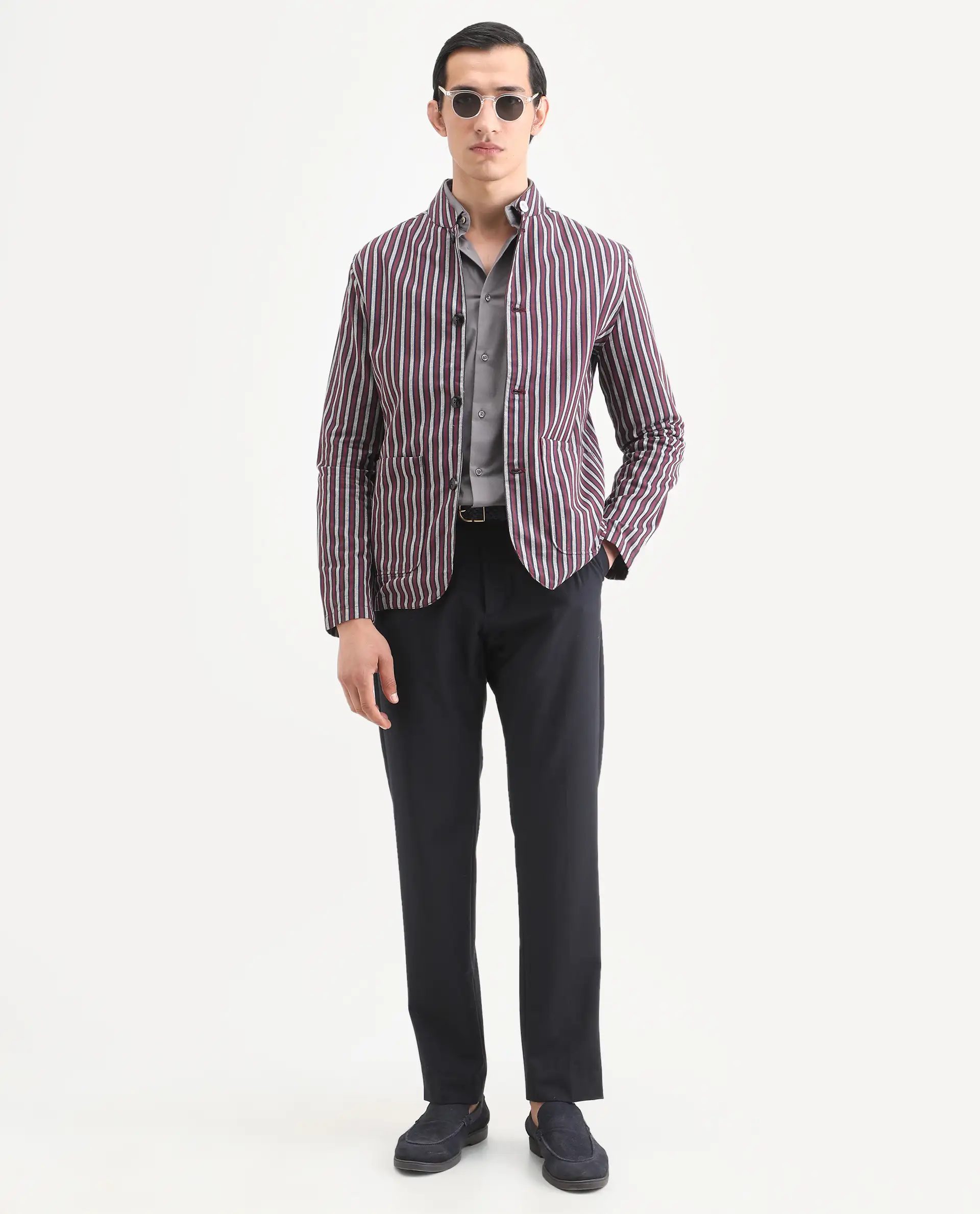 Rare Rabbit Men's Kimon Maroon Linen Blend Striped Print Relaxed Fit Full Sleeve Mandarin Collar Jacket - Image 2
