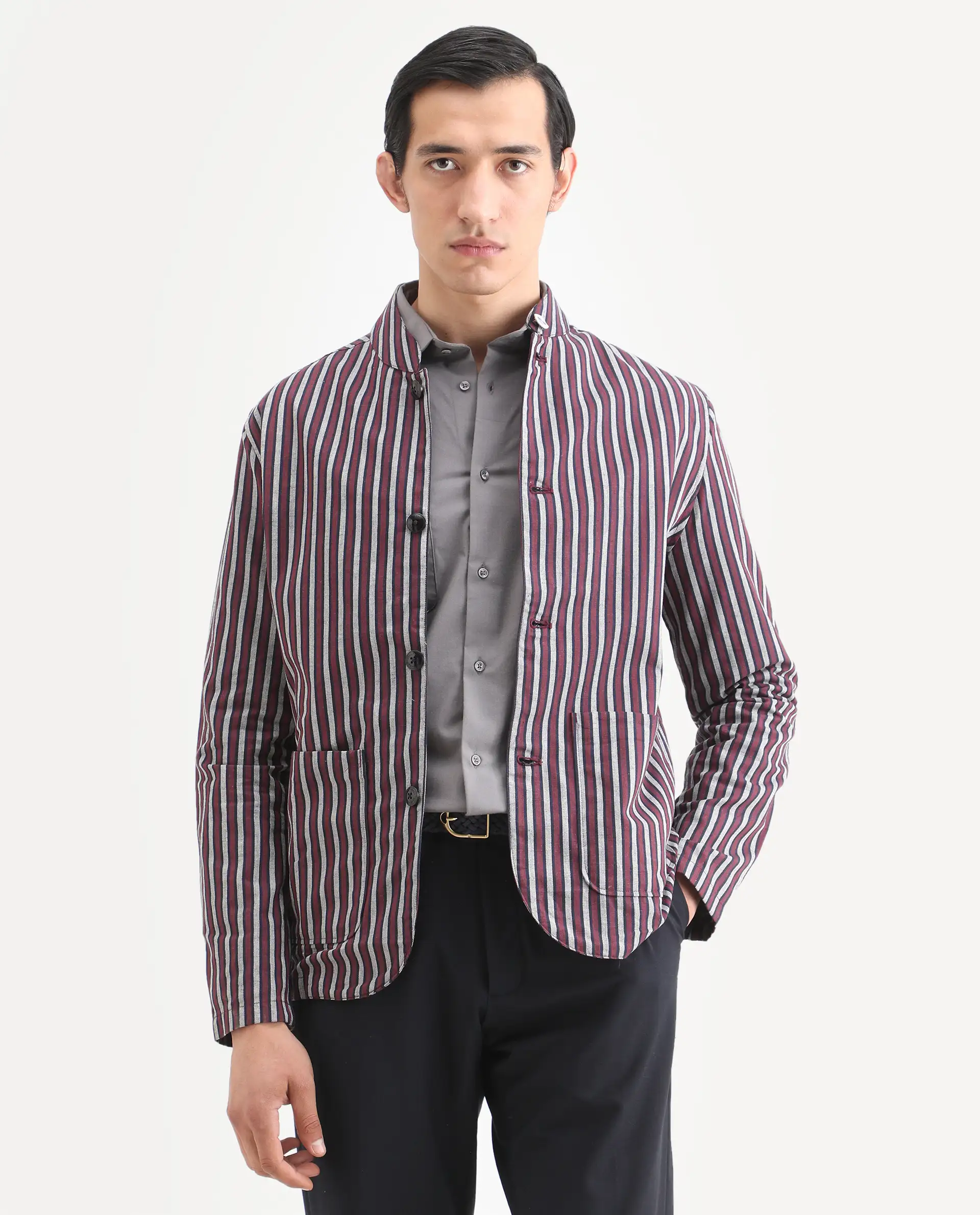 Rare Rabbit Men's Kimon Maroon Linen Blend Striped Print Relaxed Fit Full Sleeve Mandarin Collar Jacket - Image 3