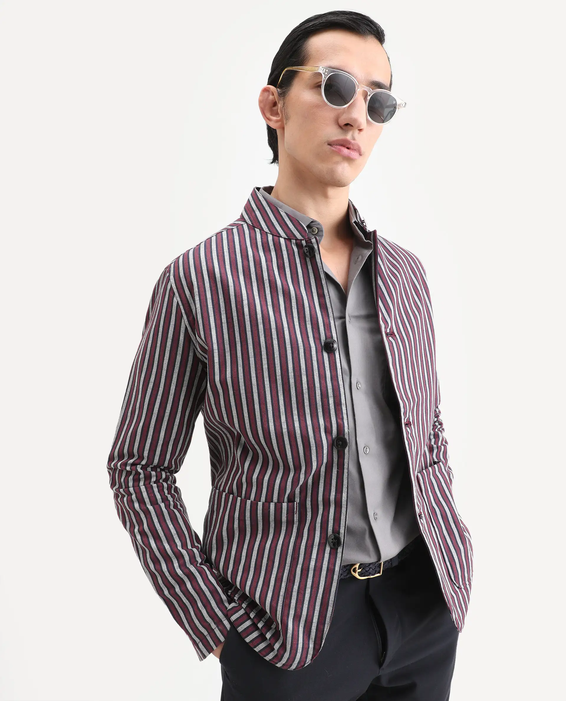 Rare Rabbit Men's Kimon Maroon Linen Blend Striped Print Relaxed Fit Full Sleeve Mandarin Collar Jacket - Image 4