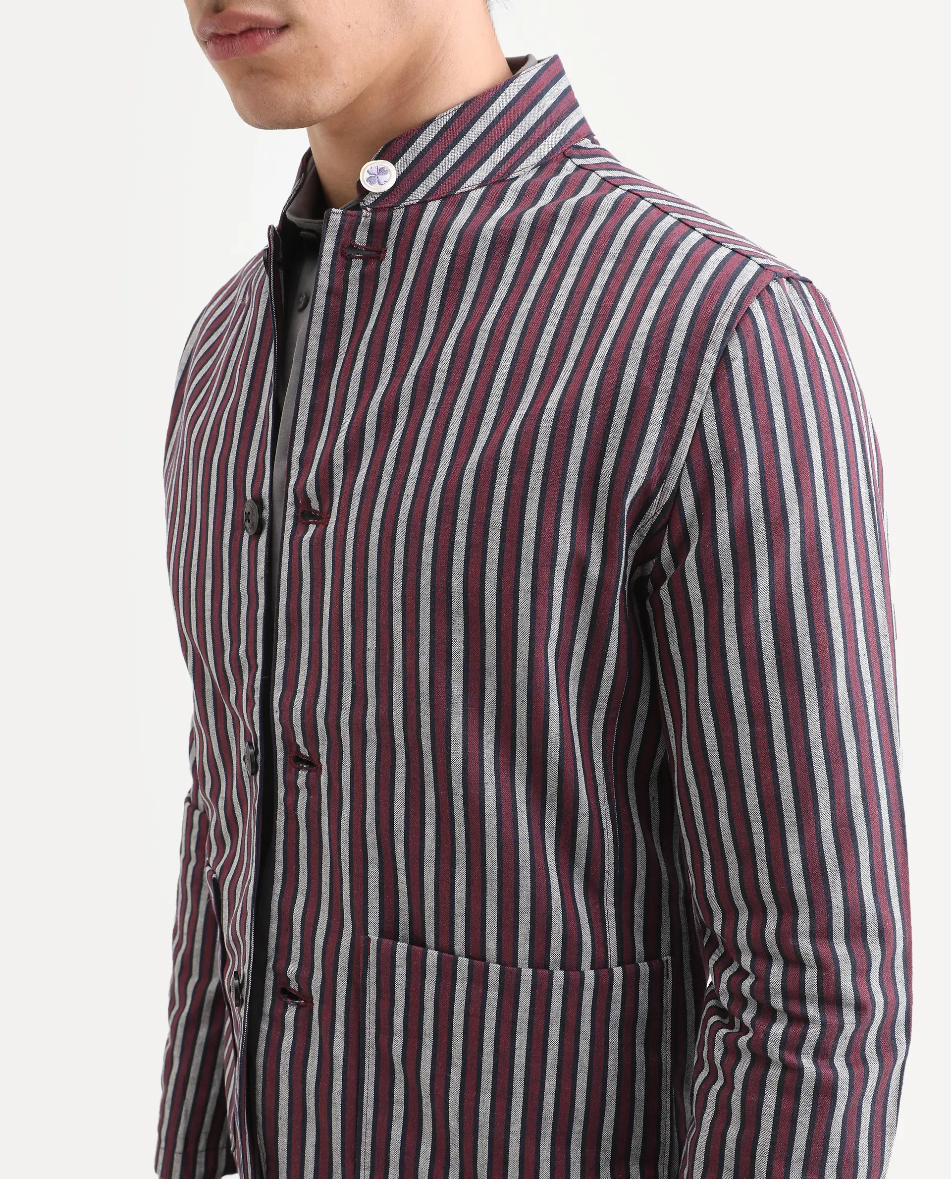 Rare Rabbit Men's Kimon Maroon Linen Blend Striped Print Relaxed Fit Full Sleeve Mandarin Collar Jacket - Image 5