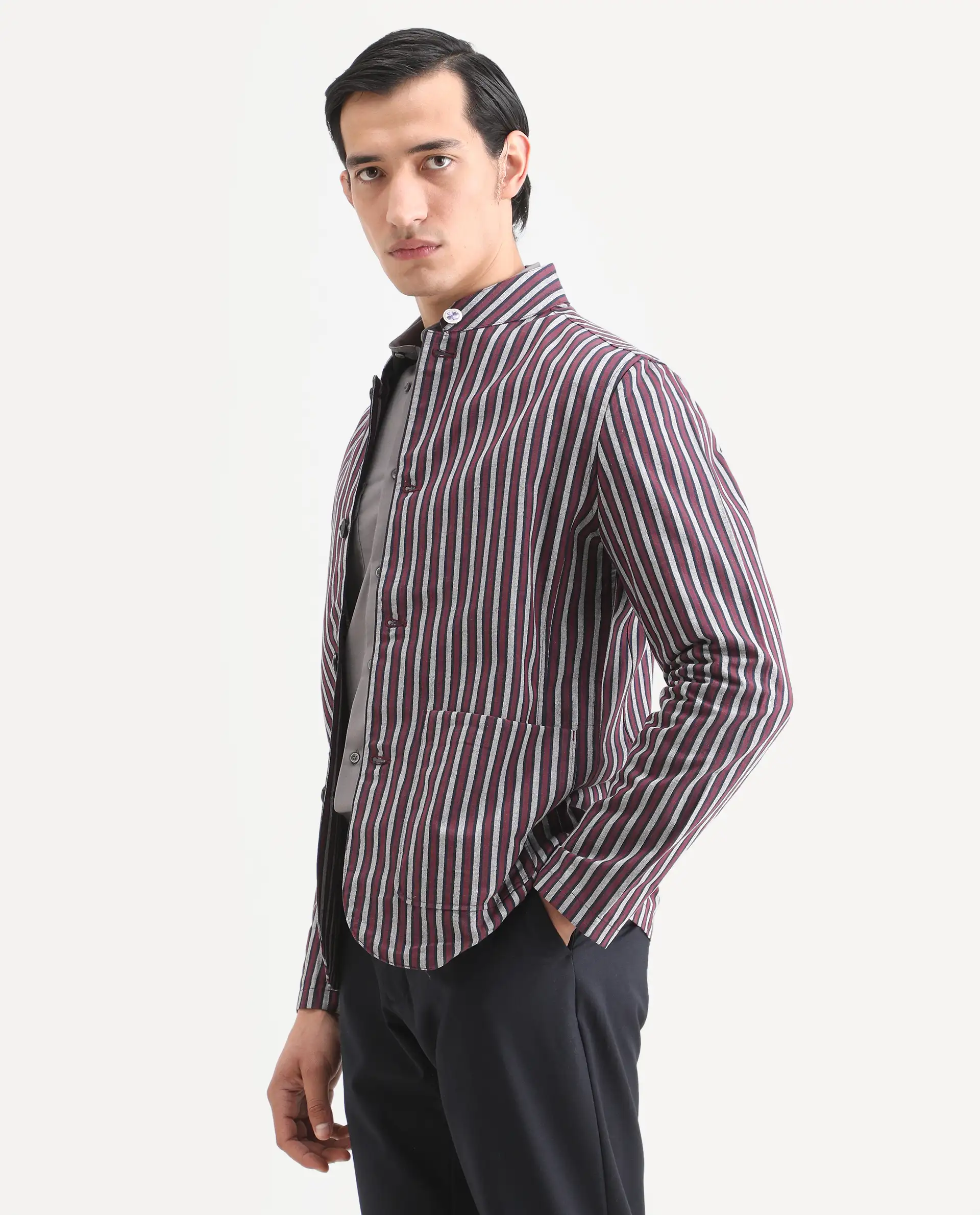 Rare Rabbit Men's Kimon Maroon Linen Blend Striped Print Relaxed Fit Full Sleeve Mandarin Collar Jacket - Image 6