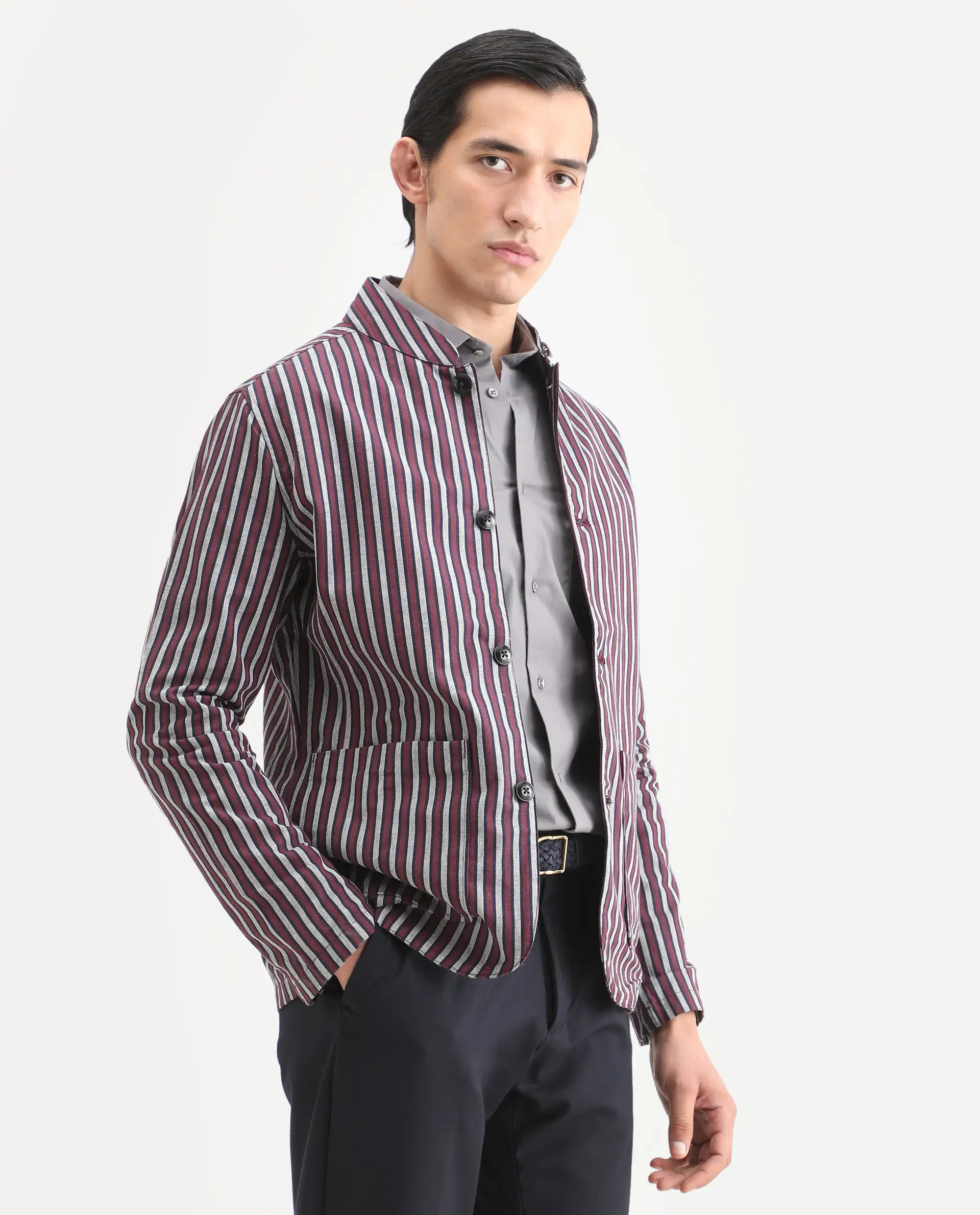 Rare Rabbit Men's Kimon Maroon Linen Blend Striped Print Relaxed Fit Full Sleeve Mandarin Collar Jacket - Image 7