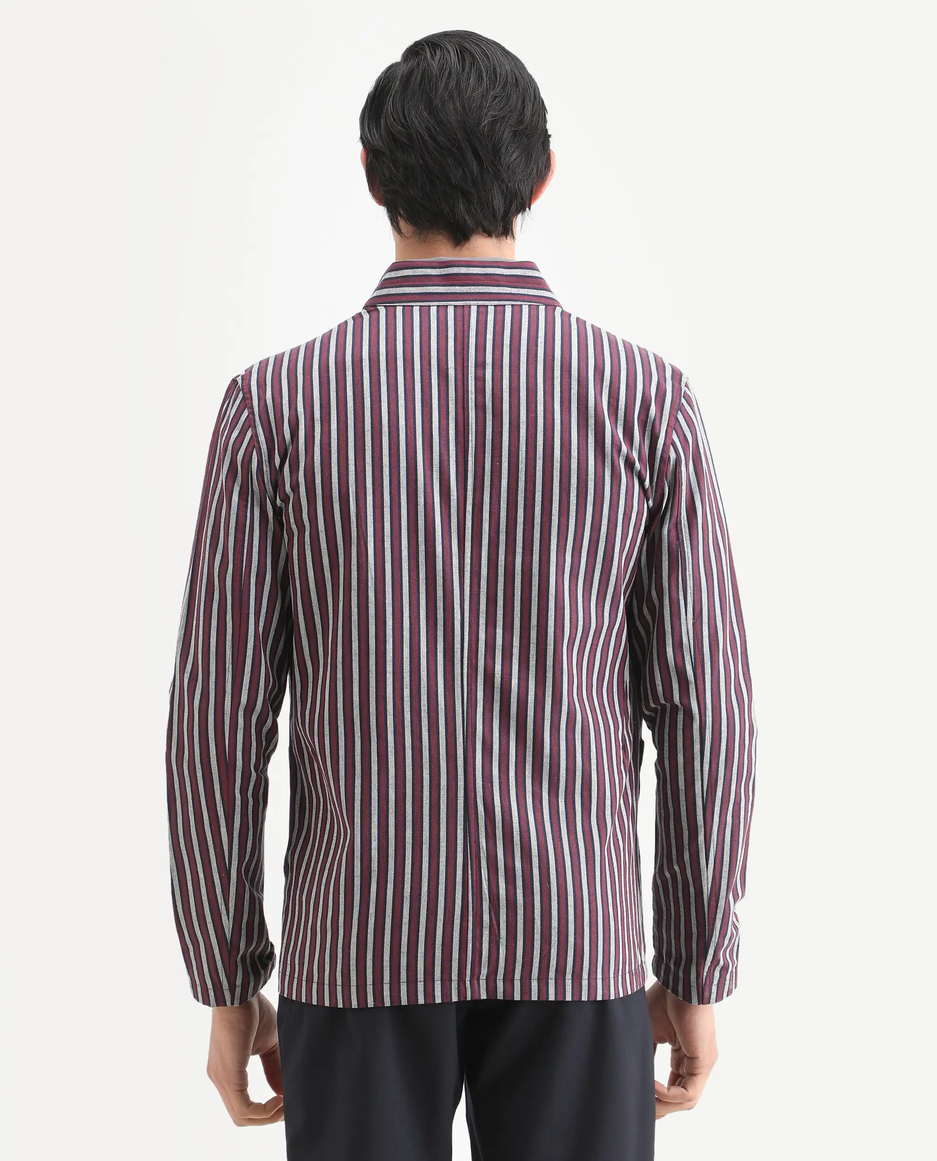Rare Rabbit Men's Kimon Maroon Linen Blend Striped Print Relaxed Fit Full Sleeve Mandarin Collar Jacket - Image 8