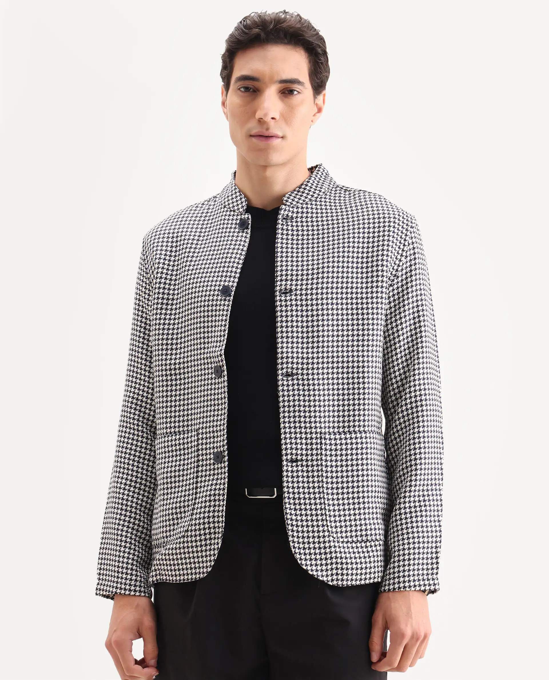 Rare Rabbit Men's Kinghound Navy Polyester Houndstooth Print Regular Fit Full Sleeve Mandarin Collar Jacket - Image 3