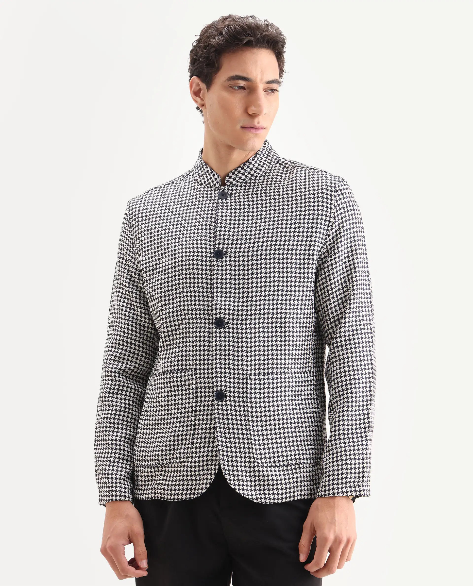Rare Rabbit Men's Kinghound Navy Polyester Houndstooth Print Regular Fit Full Sleeve Mandarin Collar Jacket - Image 4
