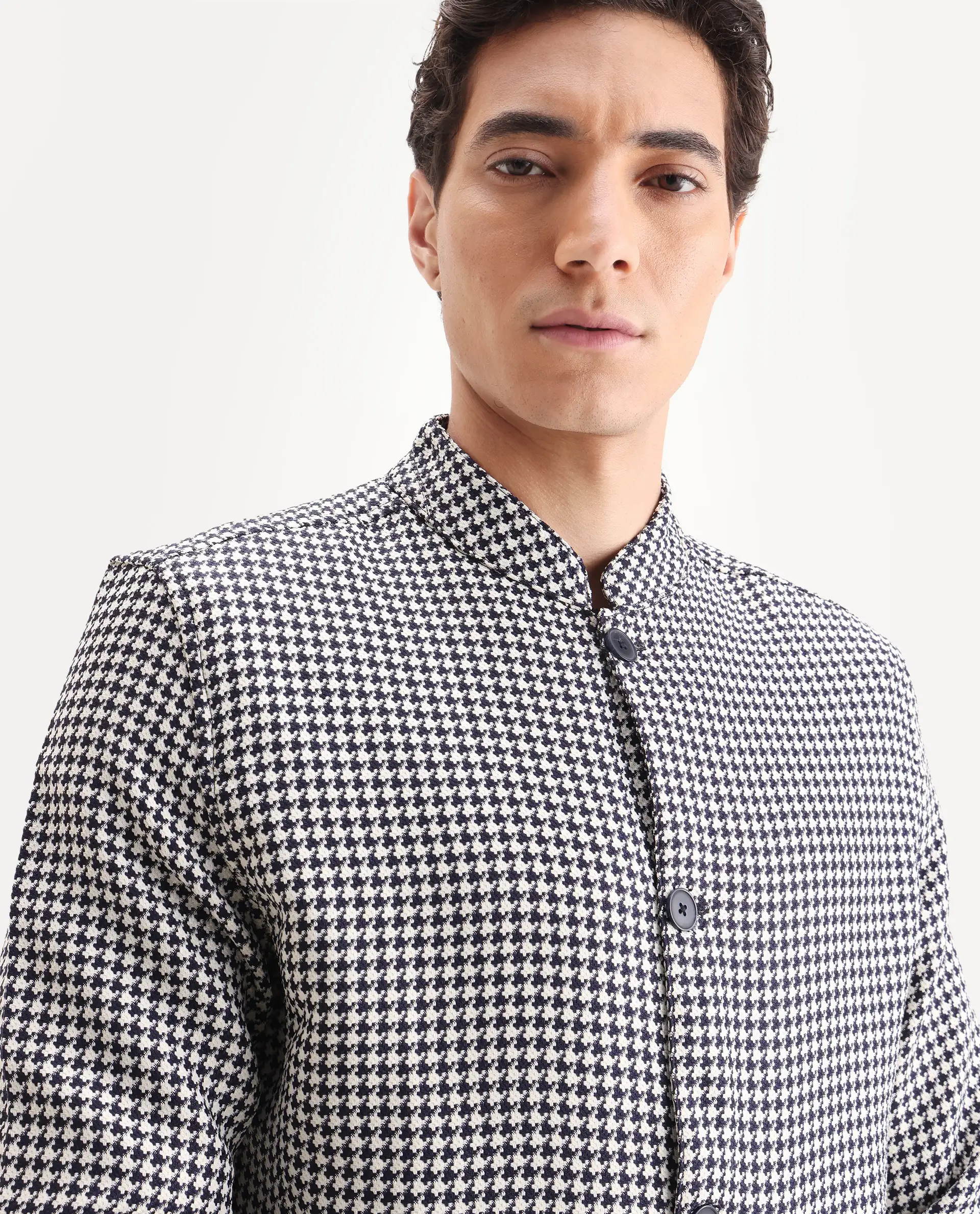 Rare Rabbit Men's Kinghound Navy Polyester Houndstooth Print Regular Fit Full Sleeve Mandarin Collar Jacket - Image 5