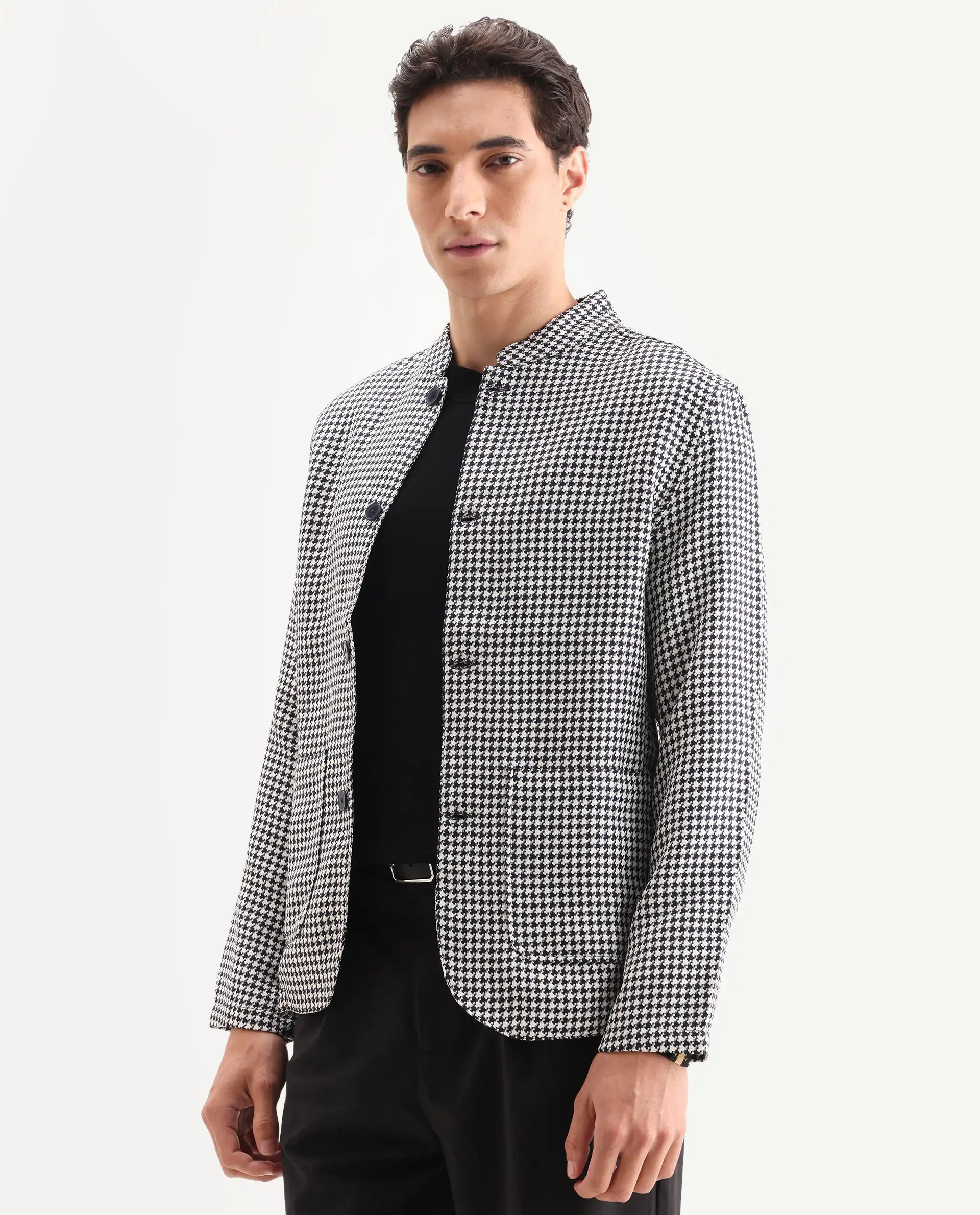 Rare Rabbit Men's Kinghound Navy Polyester Houndstooth Print Regular Fit Full Sleeve Mandarin Collar Jacket - Image 6