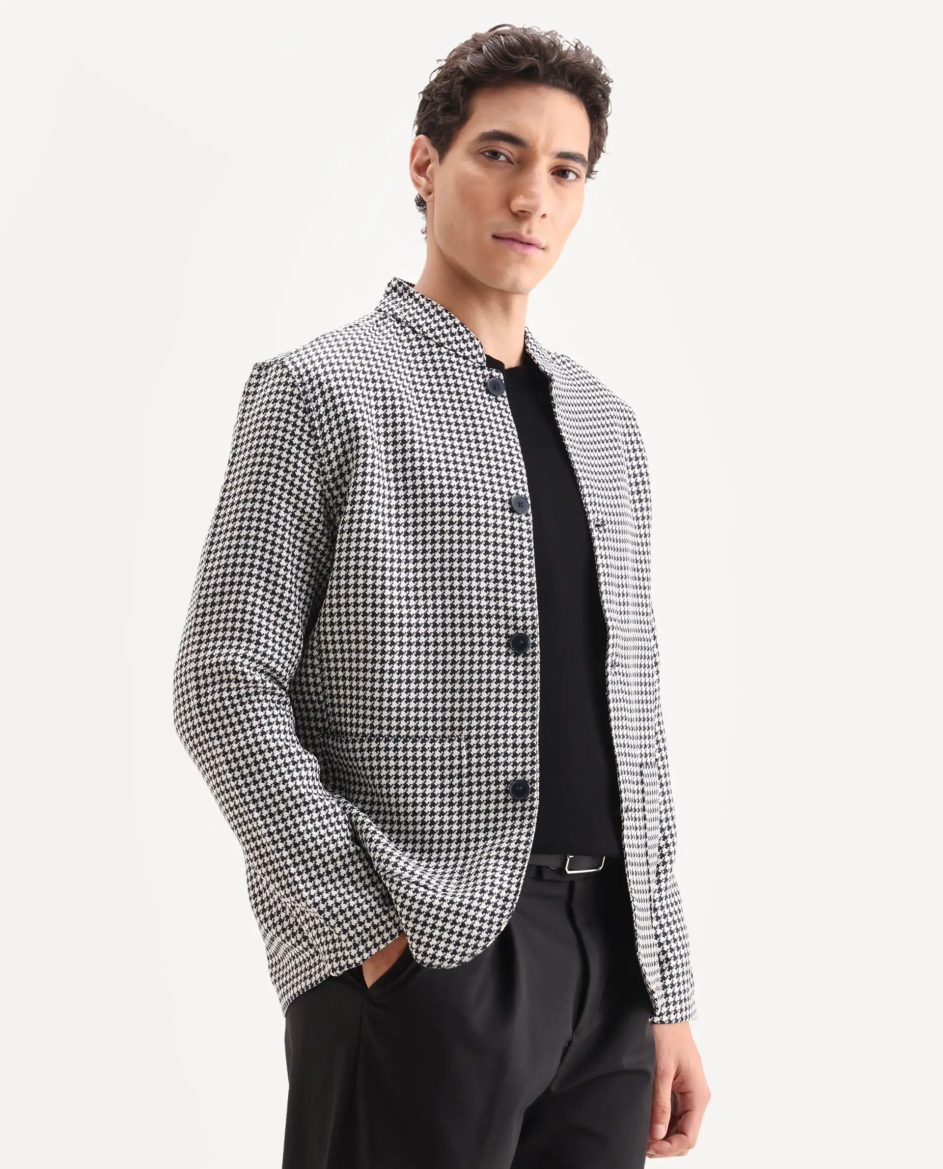 Rare Rabbit Men's Kinghound Navy Polyester Houndstooth Print Regular Fit Full Sleeve Mandarin Collar Jacket - Image 7