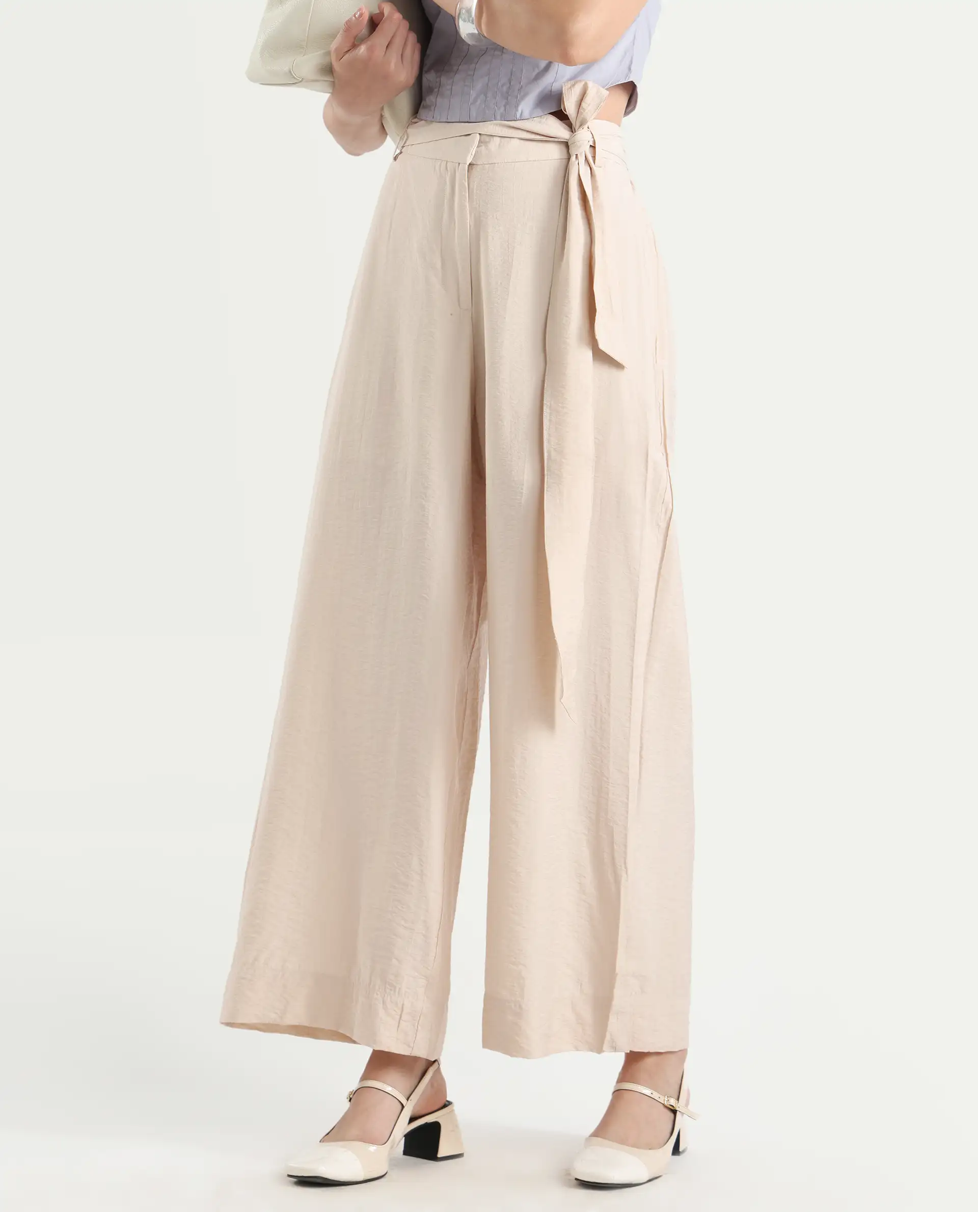 Rareism Women's Kingko Beige Cotton Blend Plain Ankle Length Straight Fit Trouser - Image 2