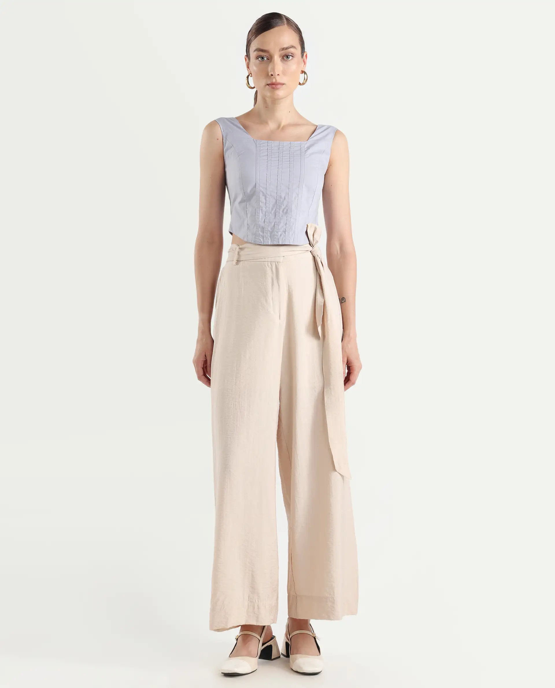 Rareism Women's Kingko Beige Cotton Blend Plain Ankle Length Straight Fit Trouser - Image 3