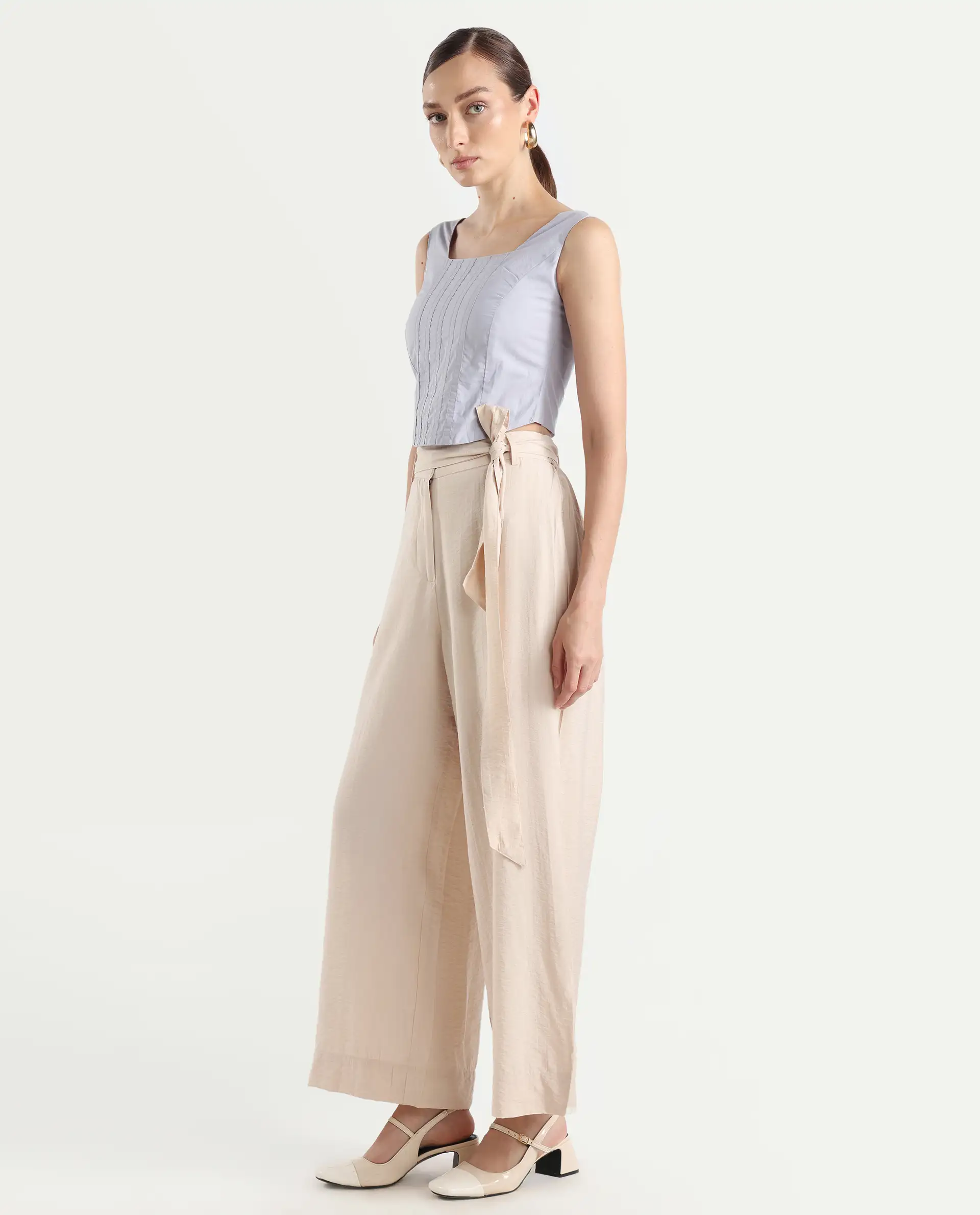Rareism Women's Kingko Beige Cotton Blend Plain Ankle Length Straight Fit Trouser - Image 4