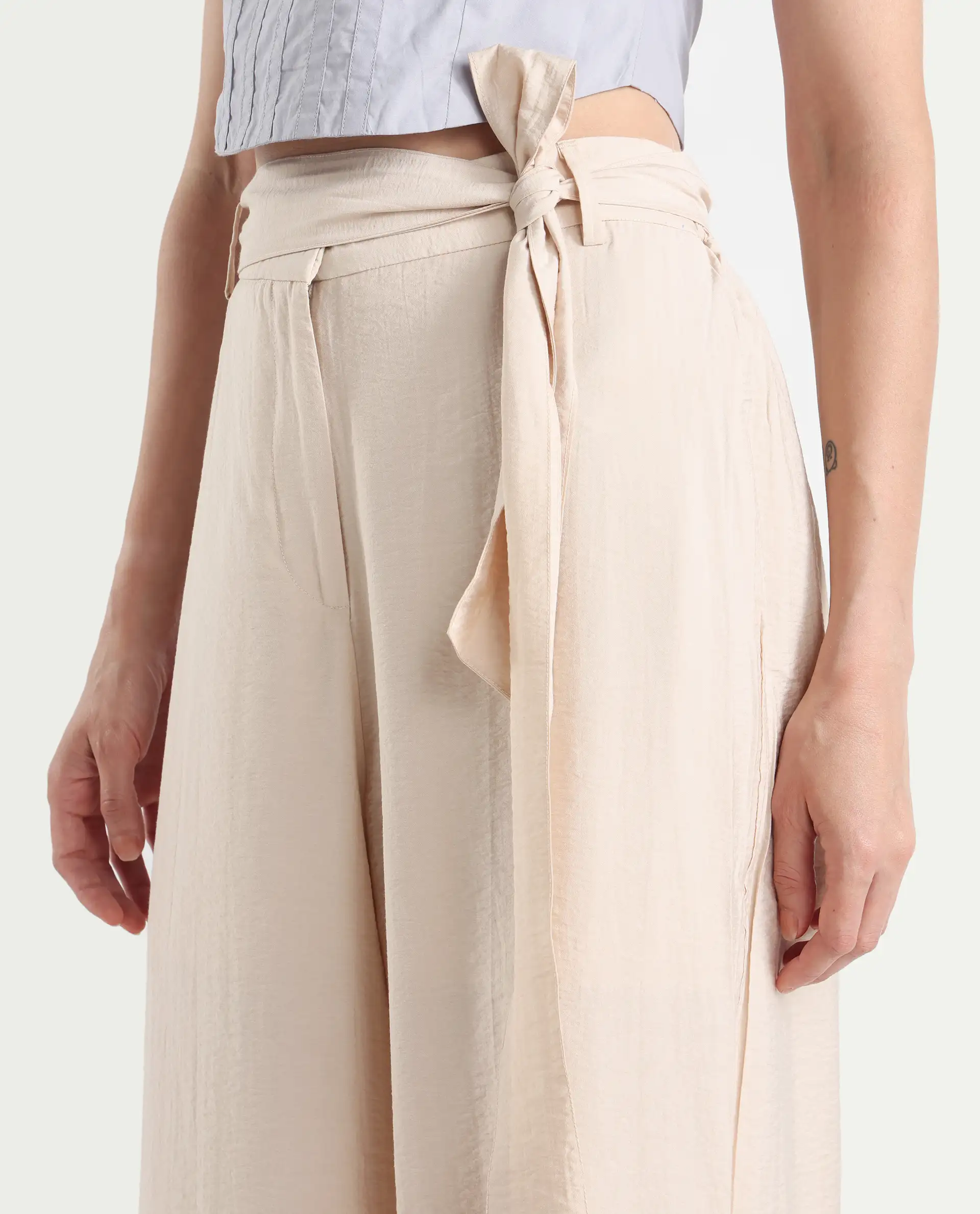 Rareism Women's Kingko Beige Cotton Blend Plain Ankle Length Straight Fit Trouser - Image 6
