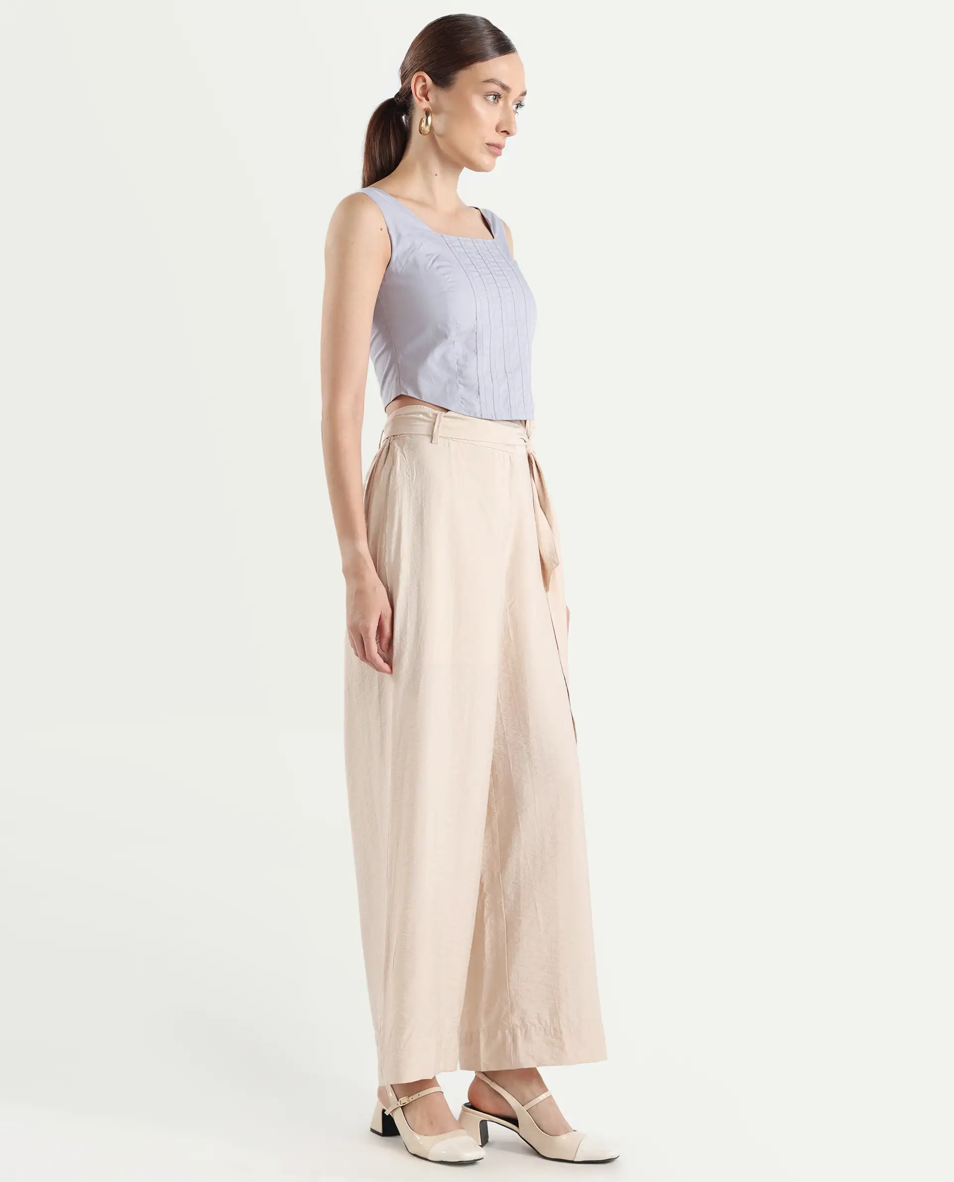 Rareism Women's Kingko Beige Cotton Blend Plain Ankle Length Straight Fit Trouser - Image 7