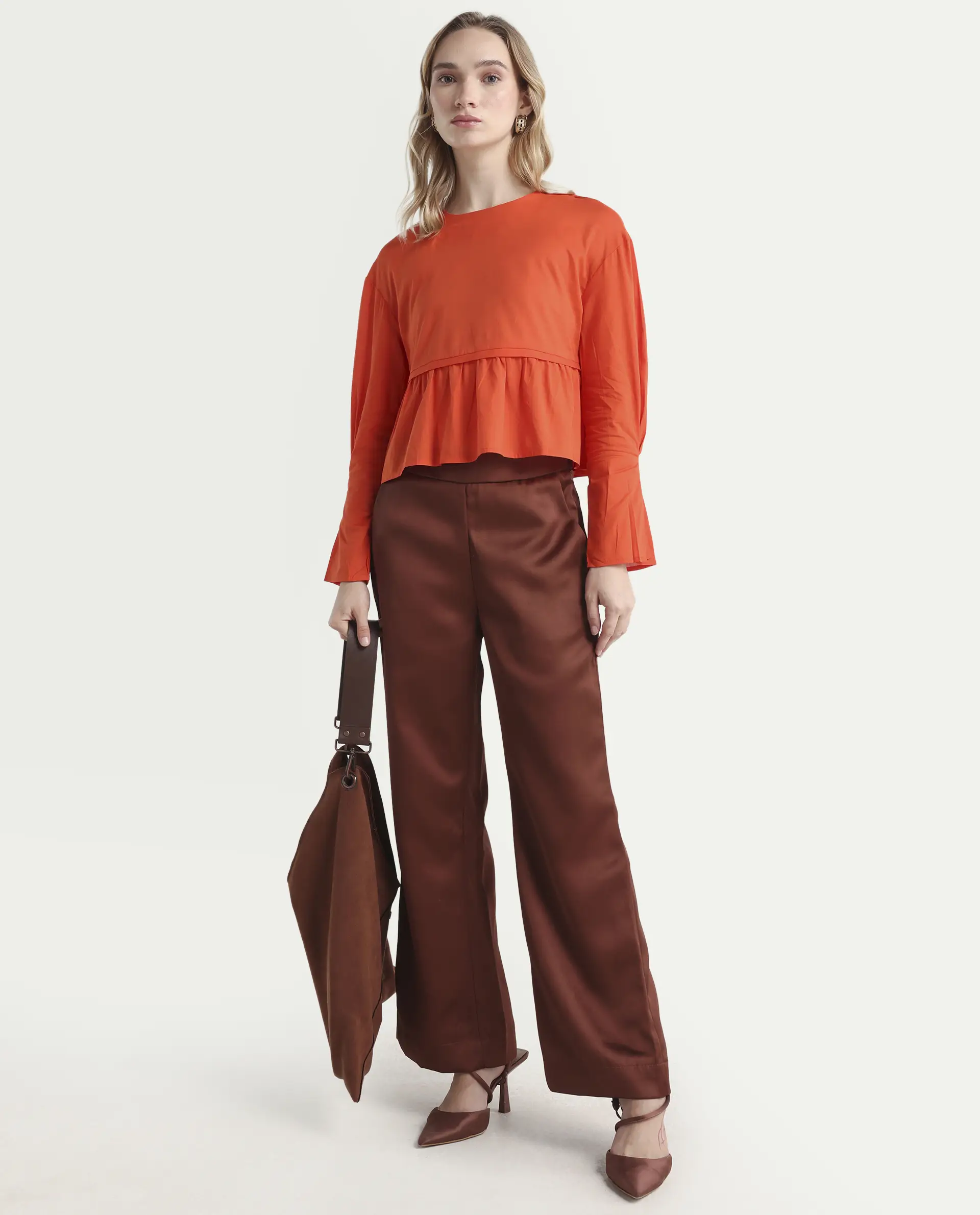 Rareism Women's Kingwell Orange Cotton Crew Neck Plain Relaxed Fit Top - Image 2