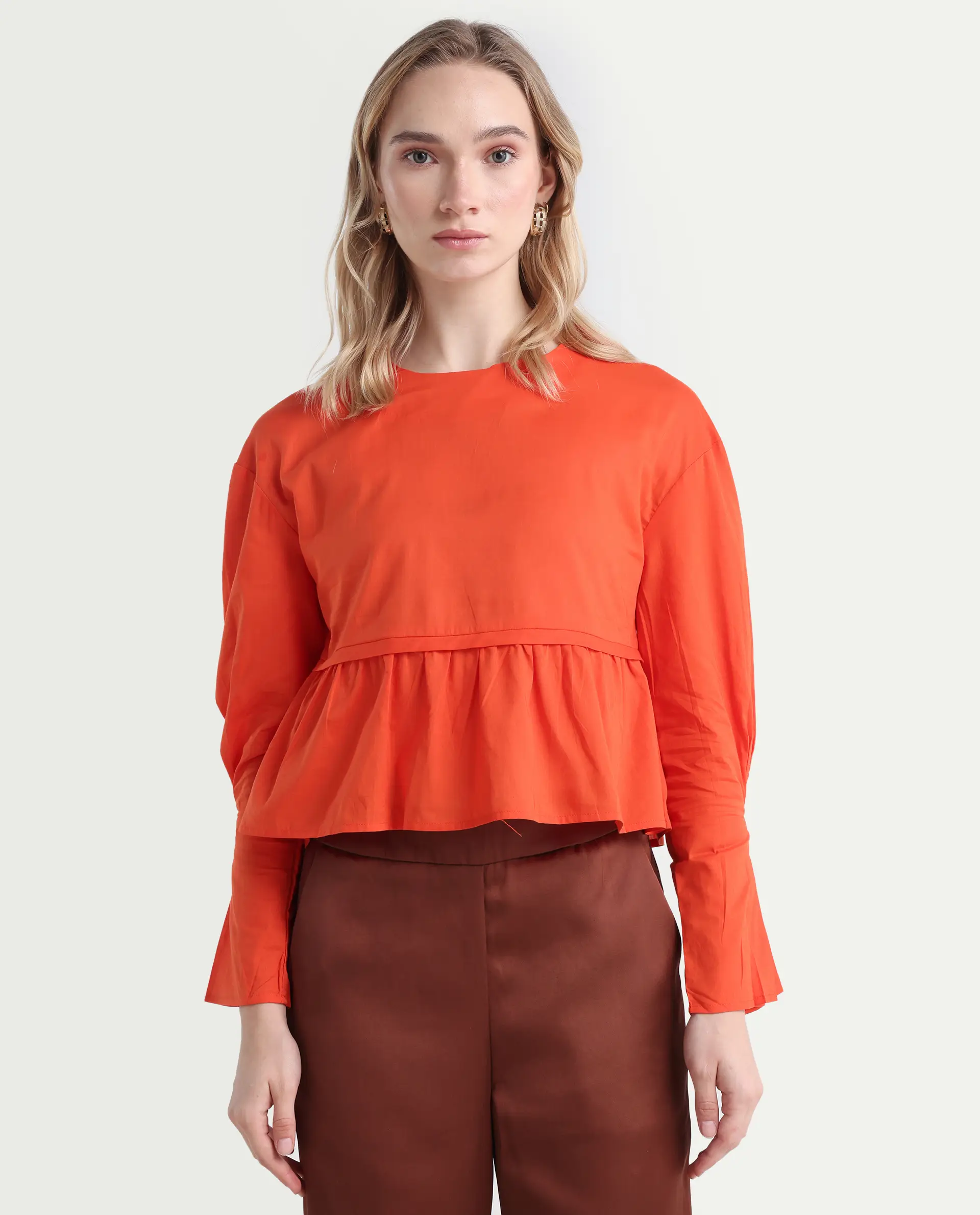 Rareism Women's Kingwell Orange Cotton Crew Neck Plain Relaxed Fit Top - Image 3