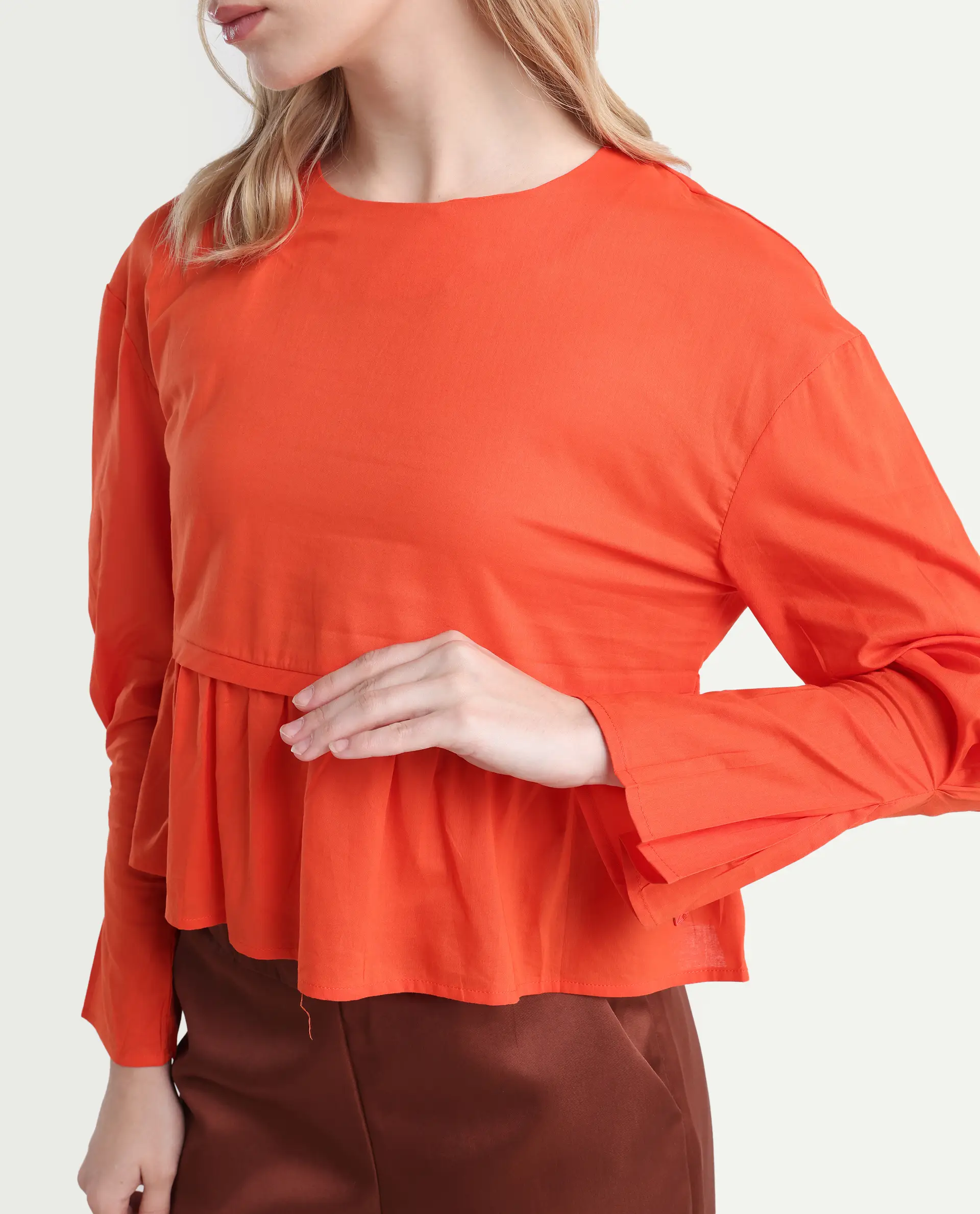Rareism Women's Kingwell Orange Cotton Crew Neck Plain Relaxed Fit Top - Image 4