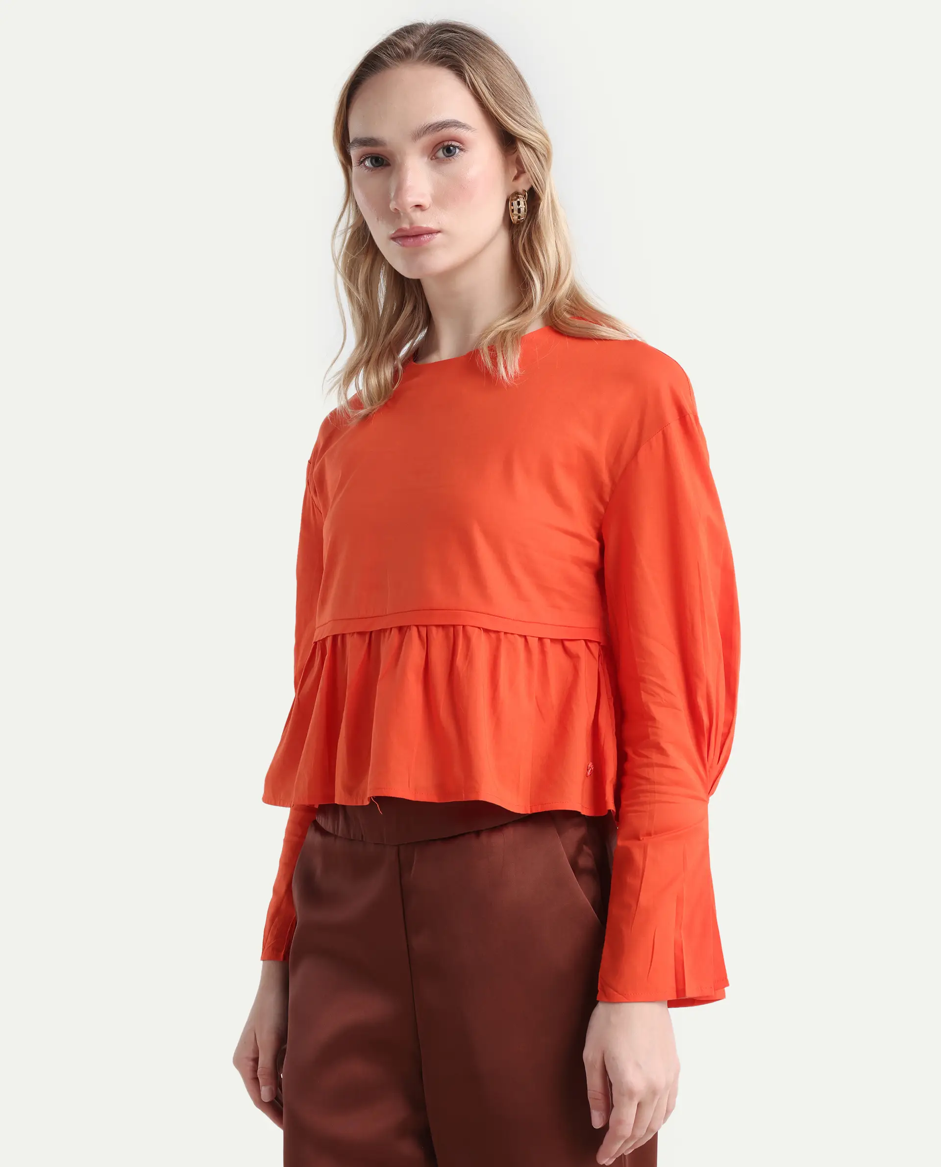 Rareism Women's Kingwell Orange Cotton Crew Neck Plain Relaxed Fit Top - Image 5