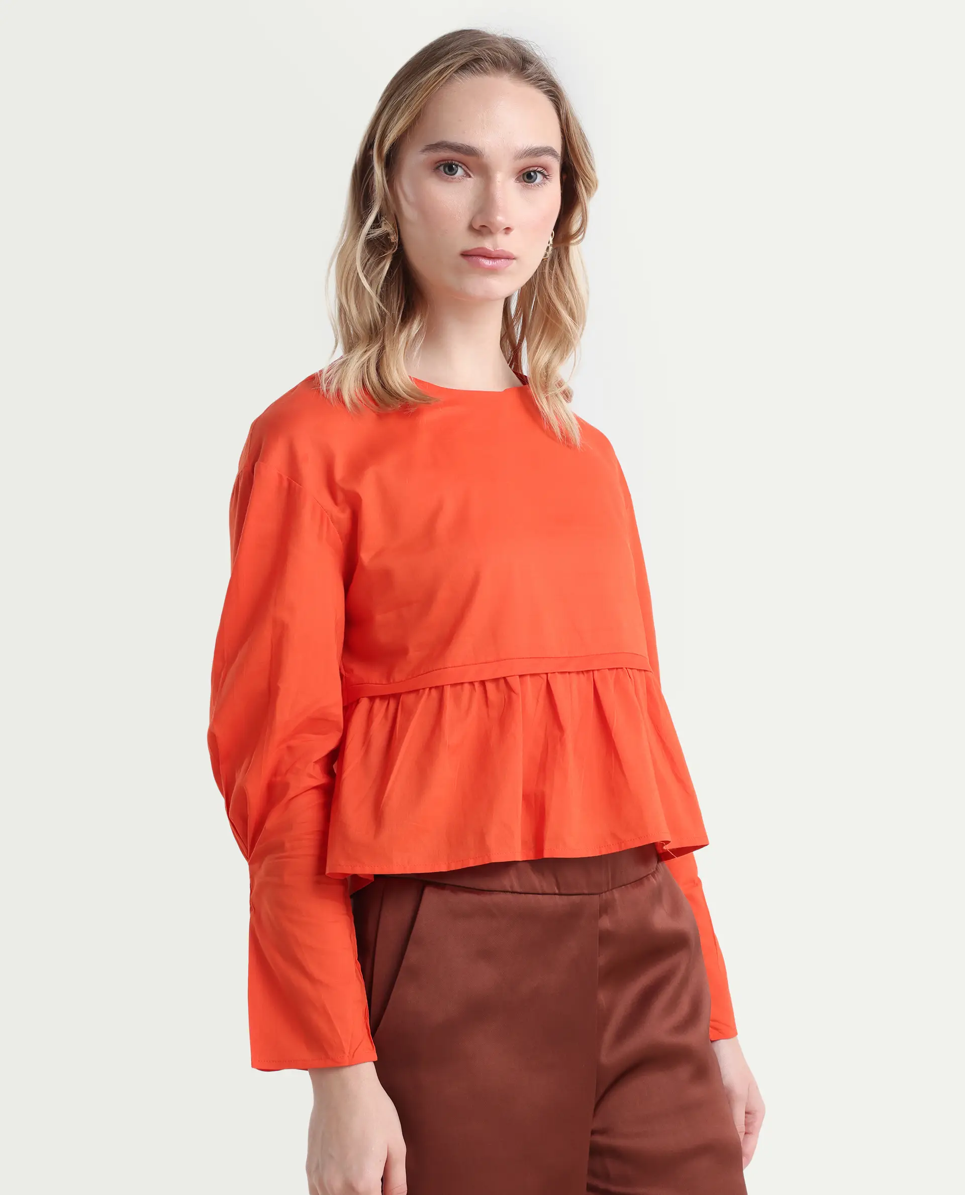 Rareism Women's Kingwell Orange Cotton Crew Neck Plain Relaxed Fit Top - Image 6