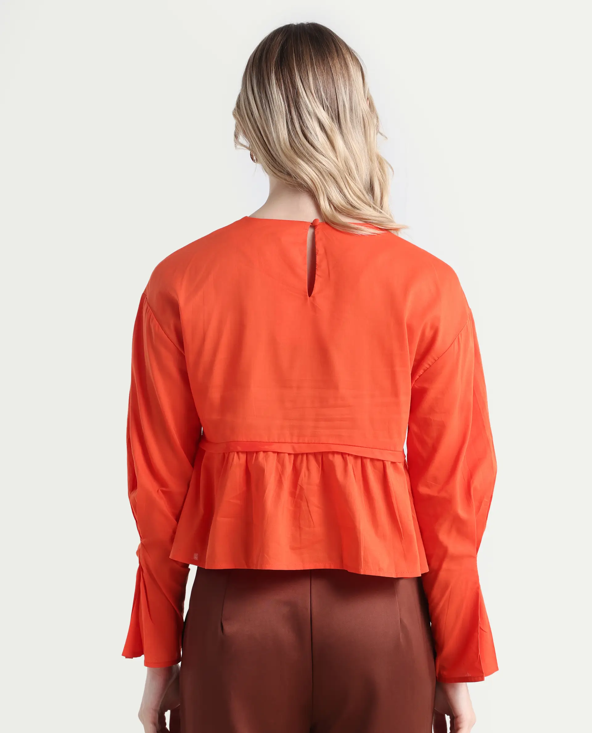 Rareism Women's Kingwell Orange Cotton Crew Neck Plain Relaxed Fit Top - Image 7