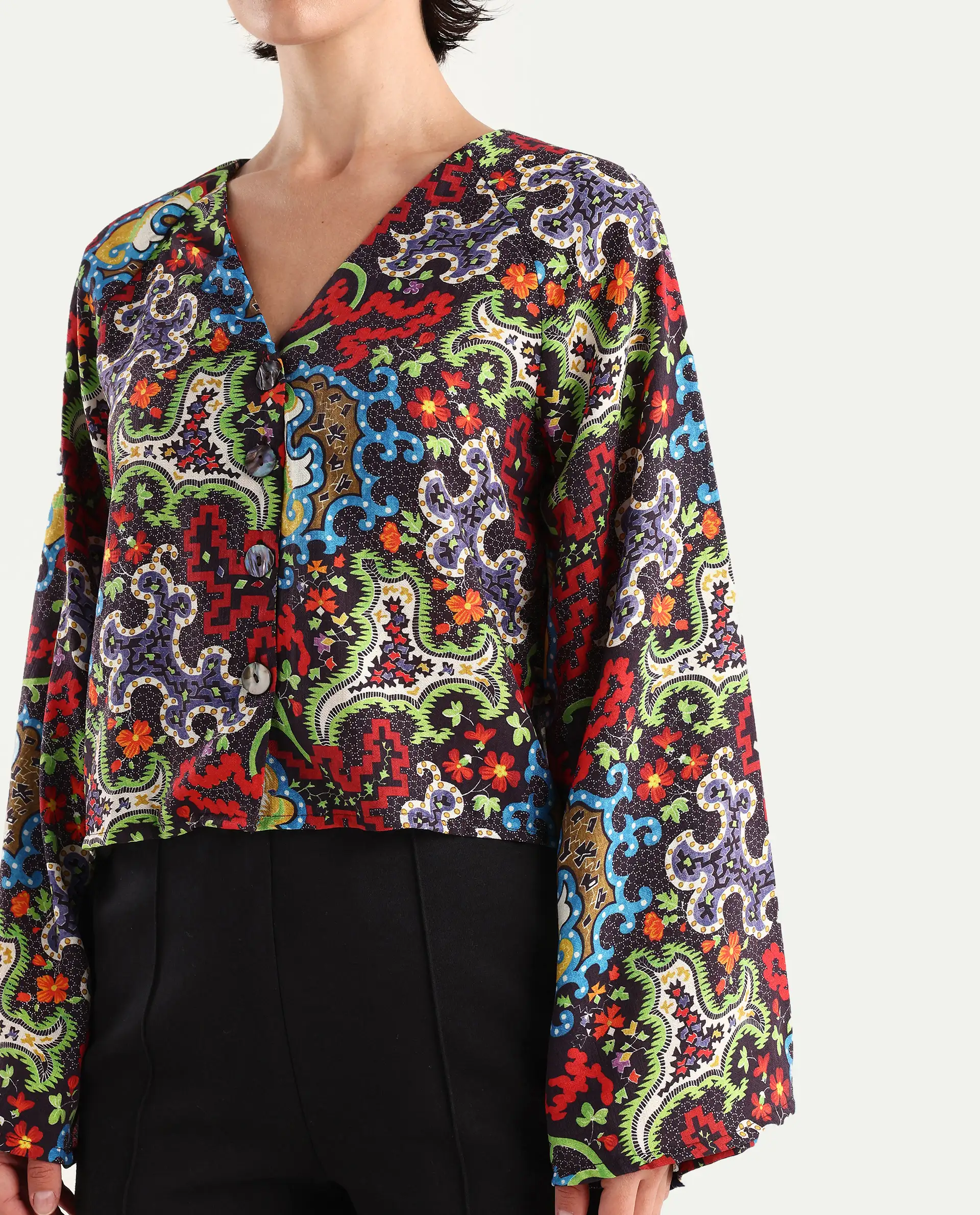 Rareism Women's Kinil Dark Multi Polyester V-Neck Abstract Print Raglan Sleeve Regular Fit Top - Image 3