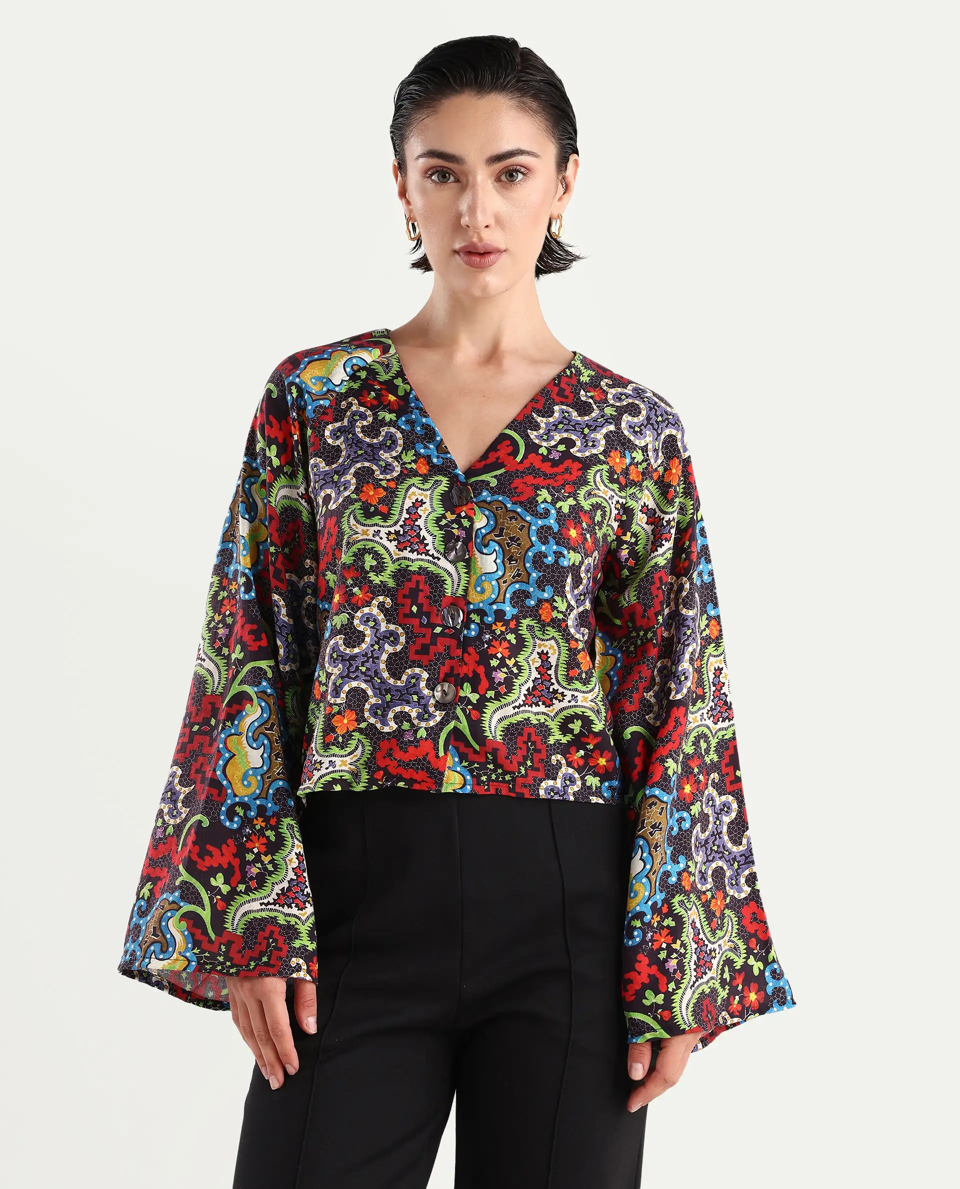 Rareism Women's Kinil Dark Multi Polyester V-Neck Abstract Print Raglan Sleeve Regular Fit Top - Image 4