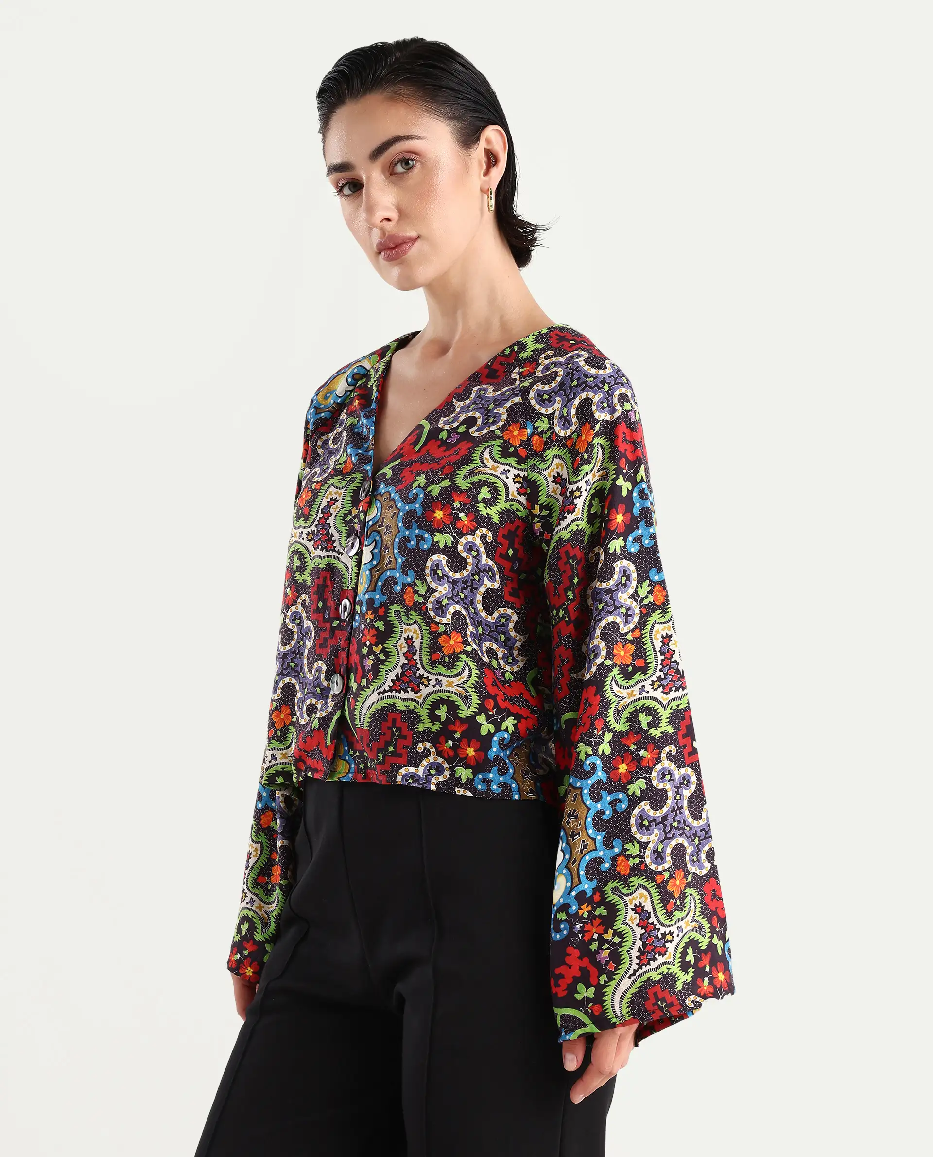 Rareism Women's Kinil Dark Multi Polyester V-Neck Abstract Print Raglan Sleeve Regular Fit Top - Image 5