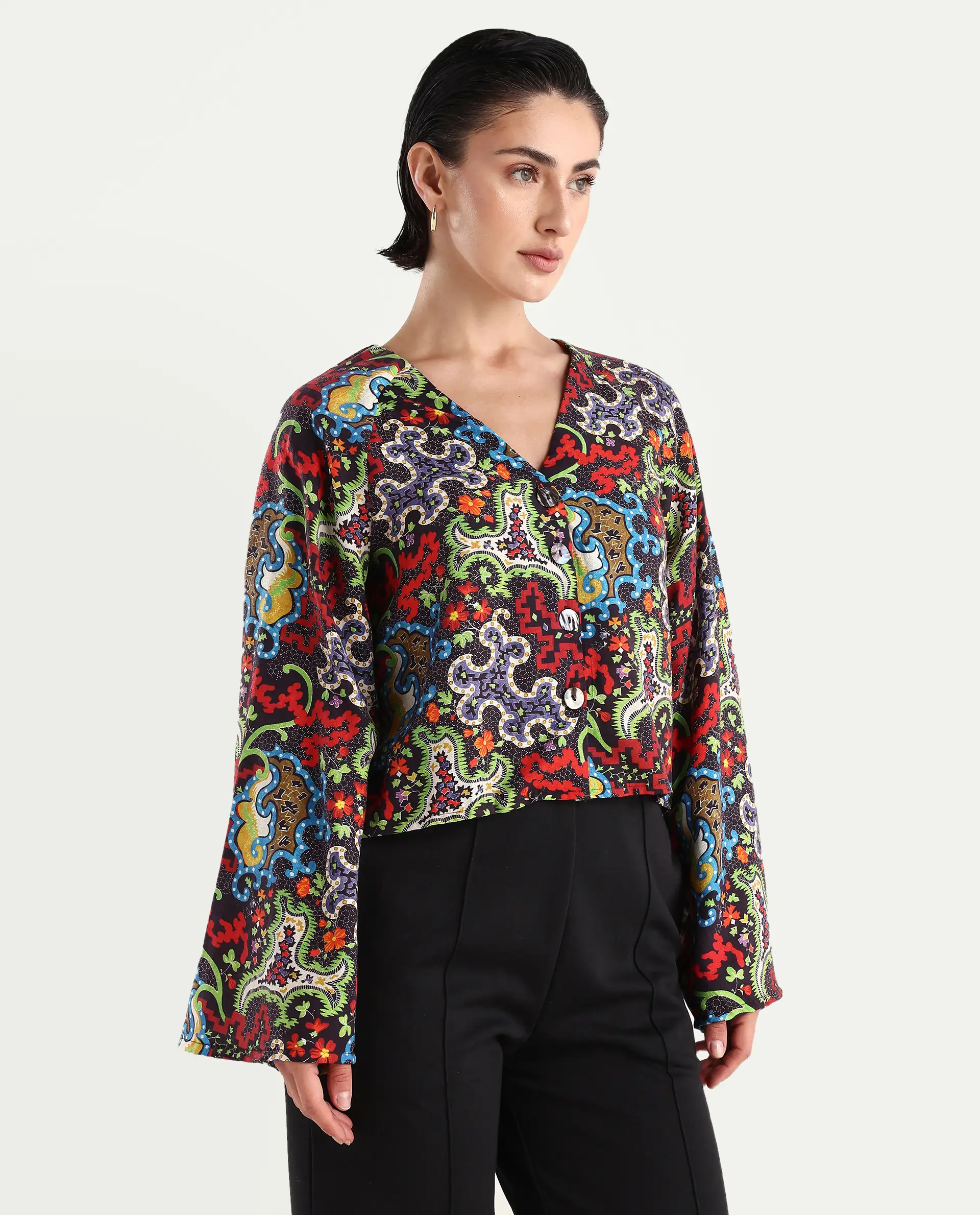 Rareism Women's Kinil Dark Multi Polyester V-Neck Abstract Print Raglan Sleeve Regular Fit Top - Image 6
