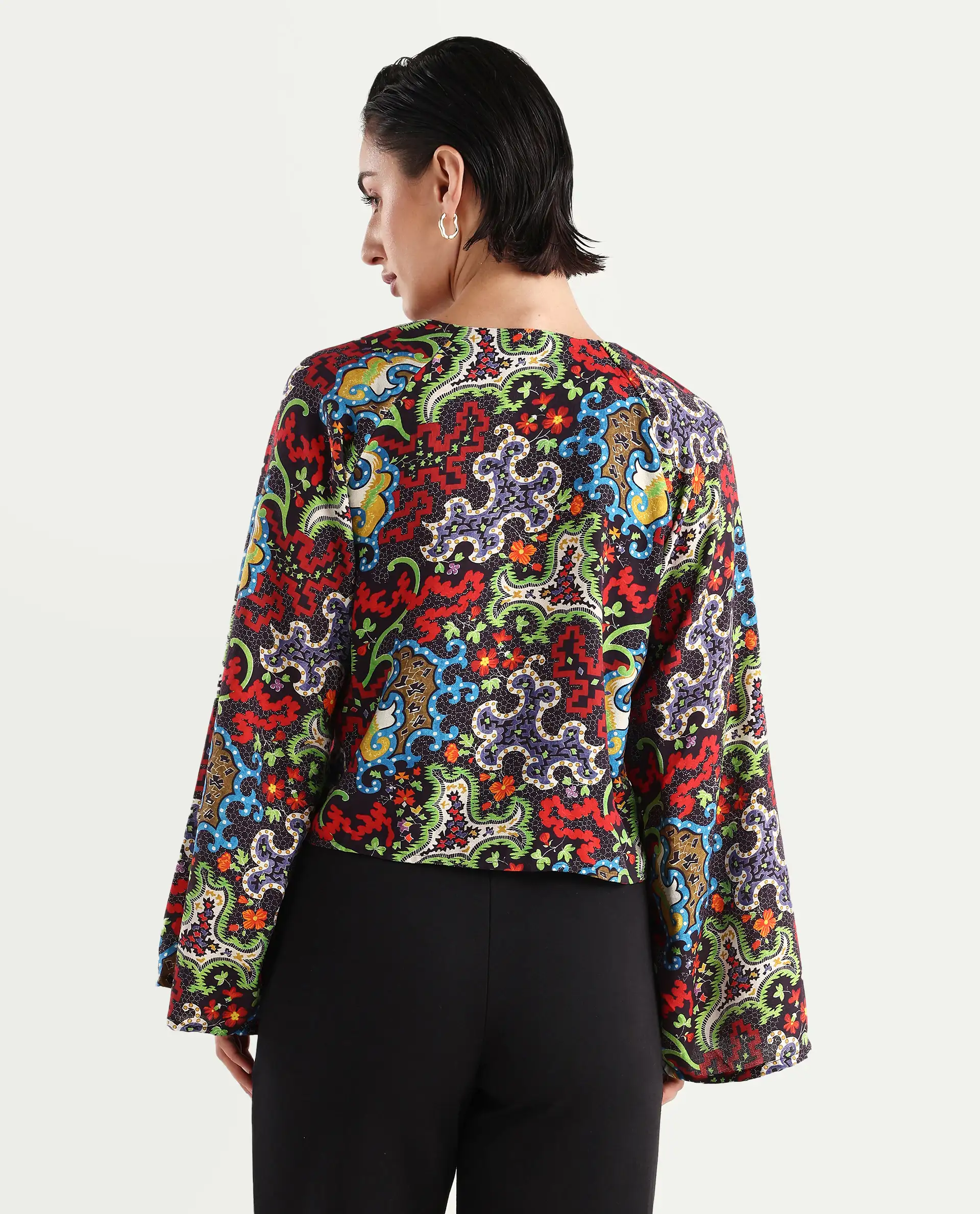 Rareism Women's Kinil Dark Multi Polyester V-Neck Abstract Print Raglan Sleeve Regular Fit Top - Image 7