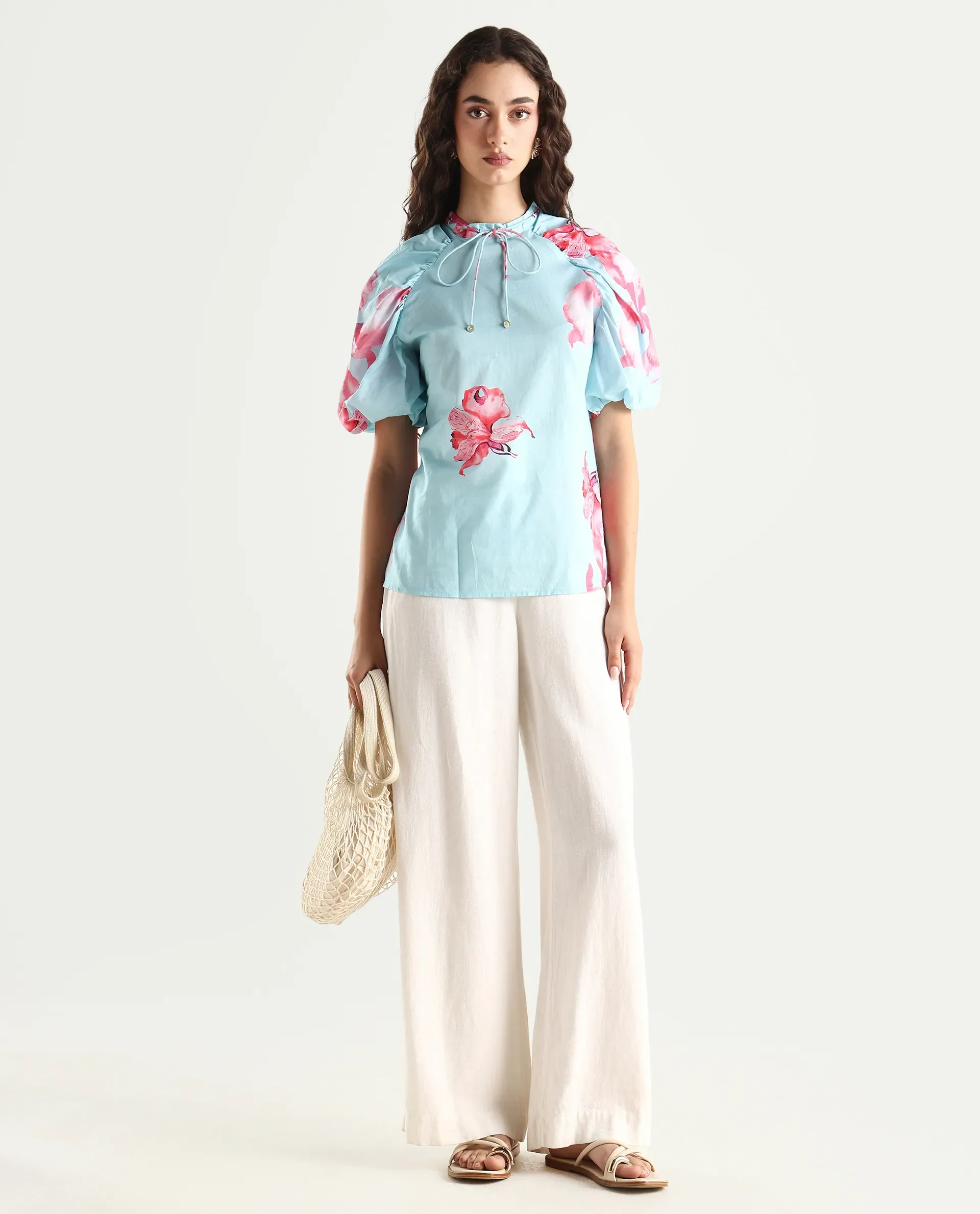 Rareism Women's Kink Blue Cotton Tie-Up Neck Floral Print Puff Sleeves Relaxed Fit Top - Image 2