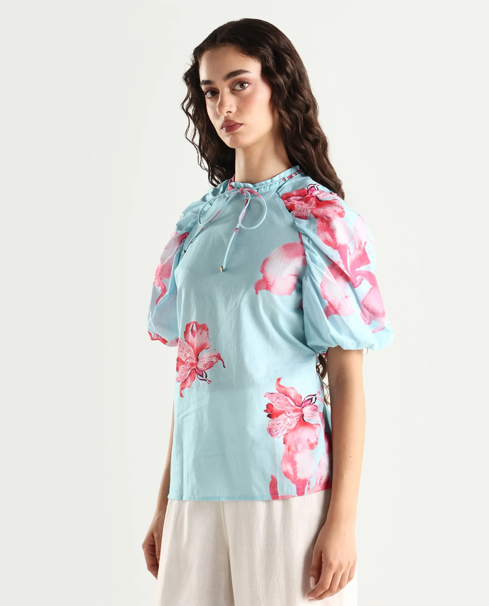 Rareism Women's Kink Blue Cotton Tie-Up Neck Floral Print Puff Sleeves Relaxed Fit Top - Image 6