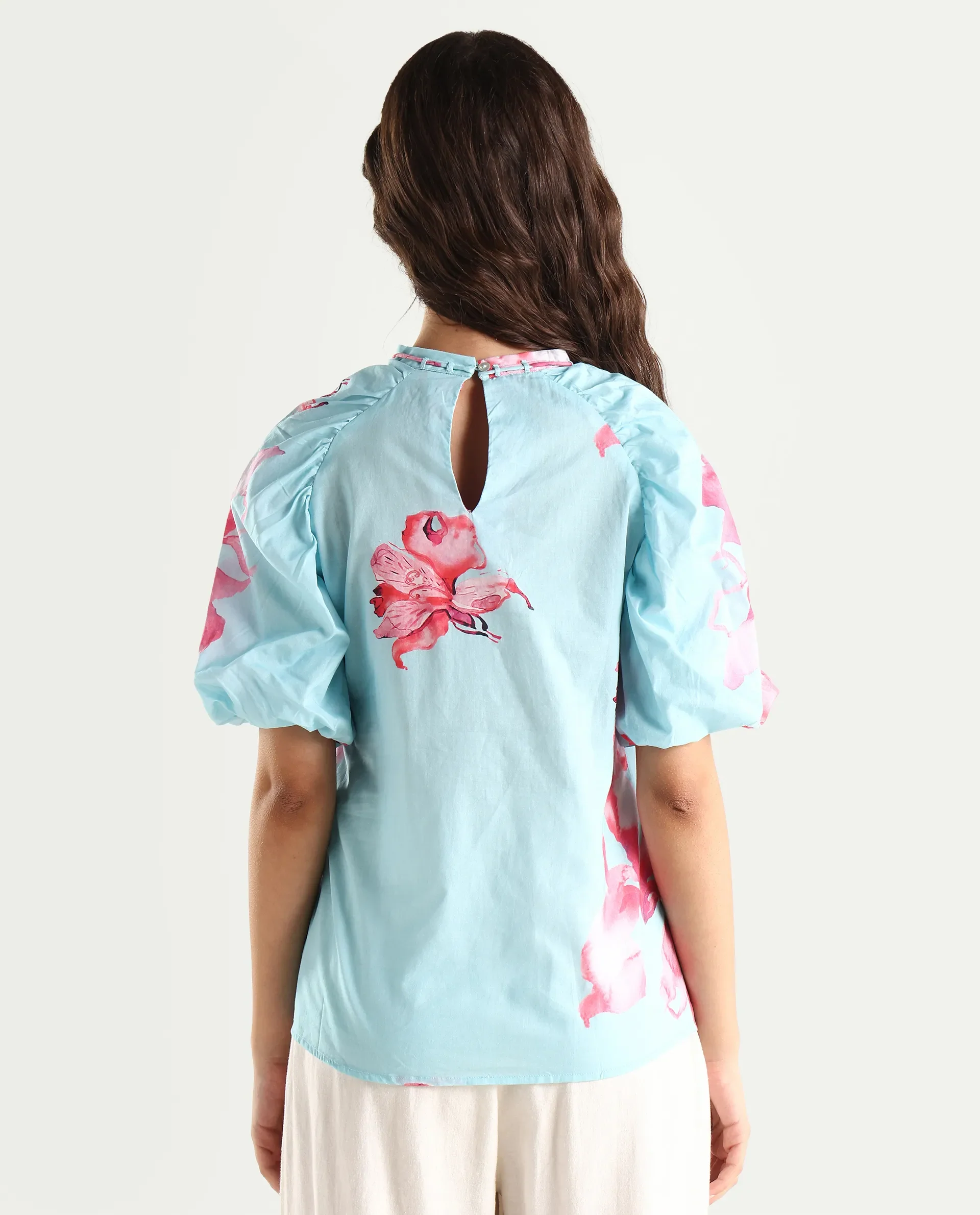 Rareism Women's Kink Blue Cotton Tie-Up Neck Floral Print Puff Sleeves Relaxed Fit Top - Image 8