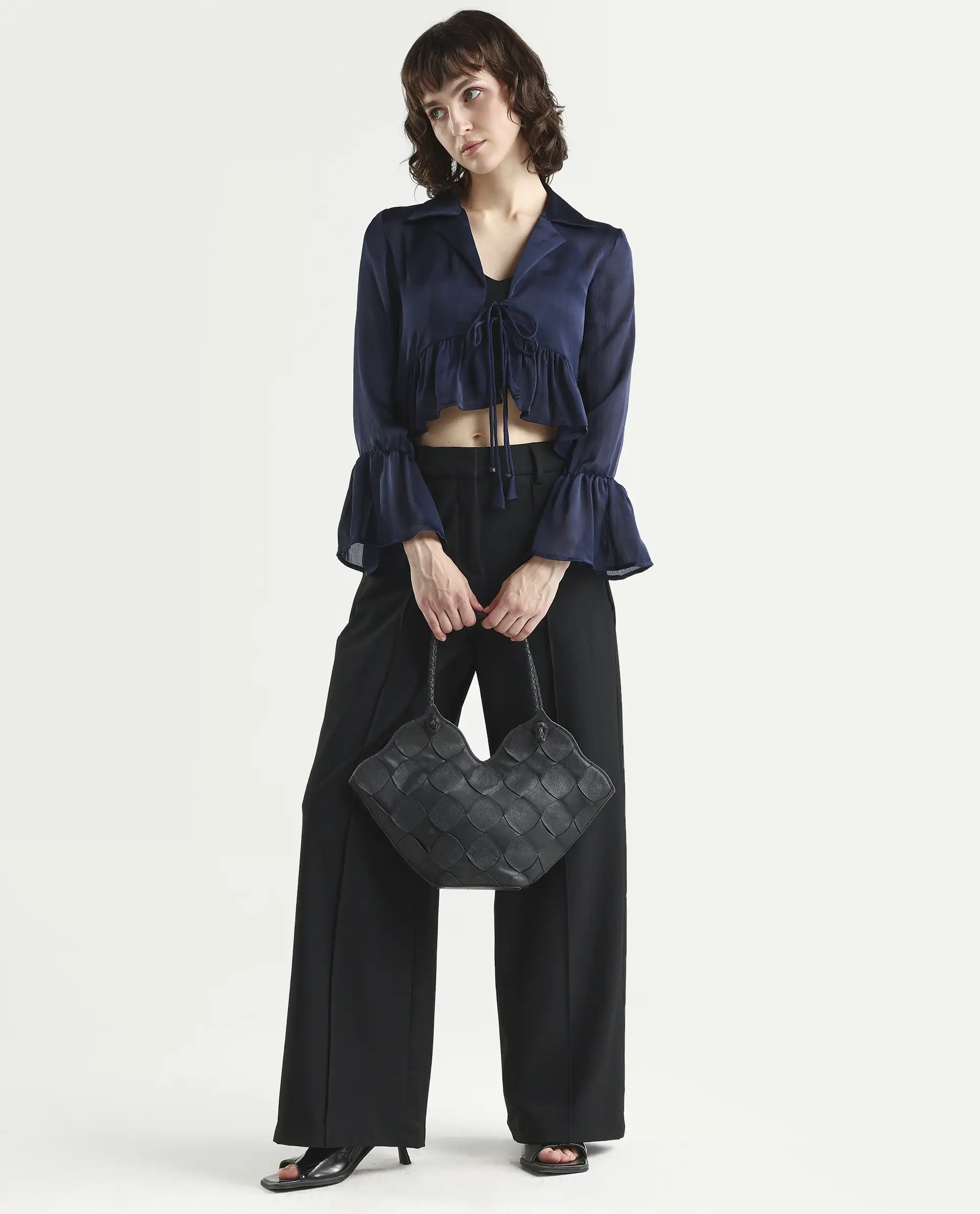 Rareism Women's Kint Navy Polyester Lapel Neck Plain Ruffled Sleeve Regular Fit Shrug - Image 2