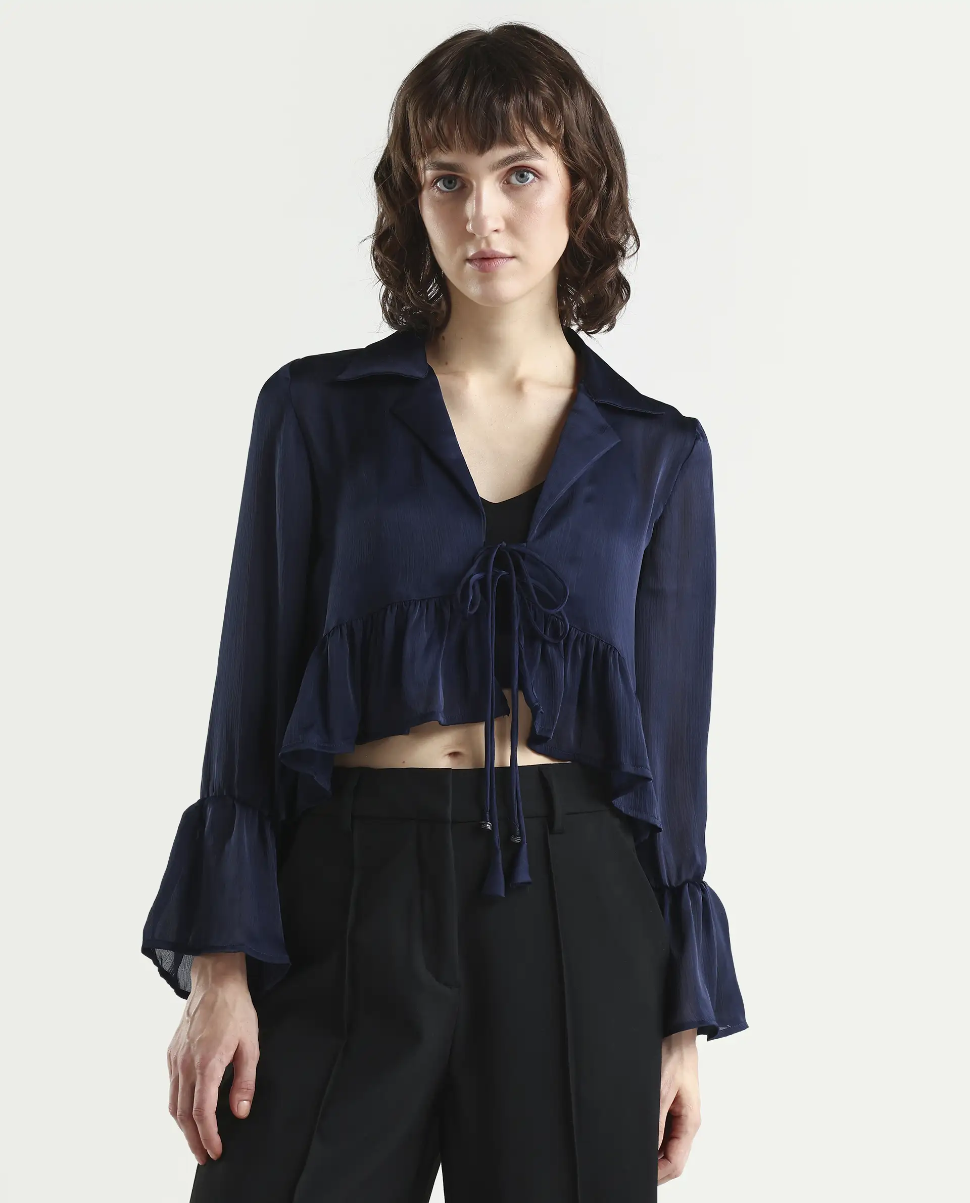 Rareism Women's Kint Navy Polyester Lapel Neck Plain Ruffled Sleeve Regular Fit Shrug - Image 3