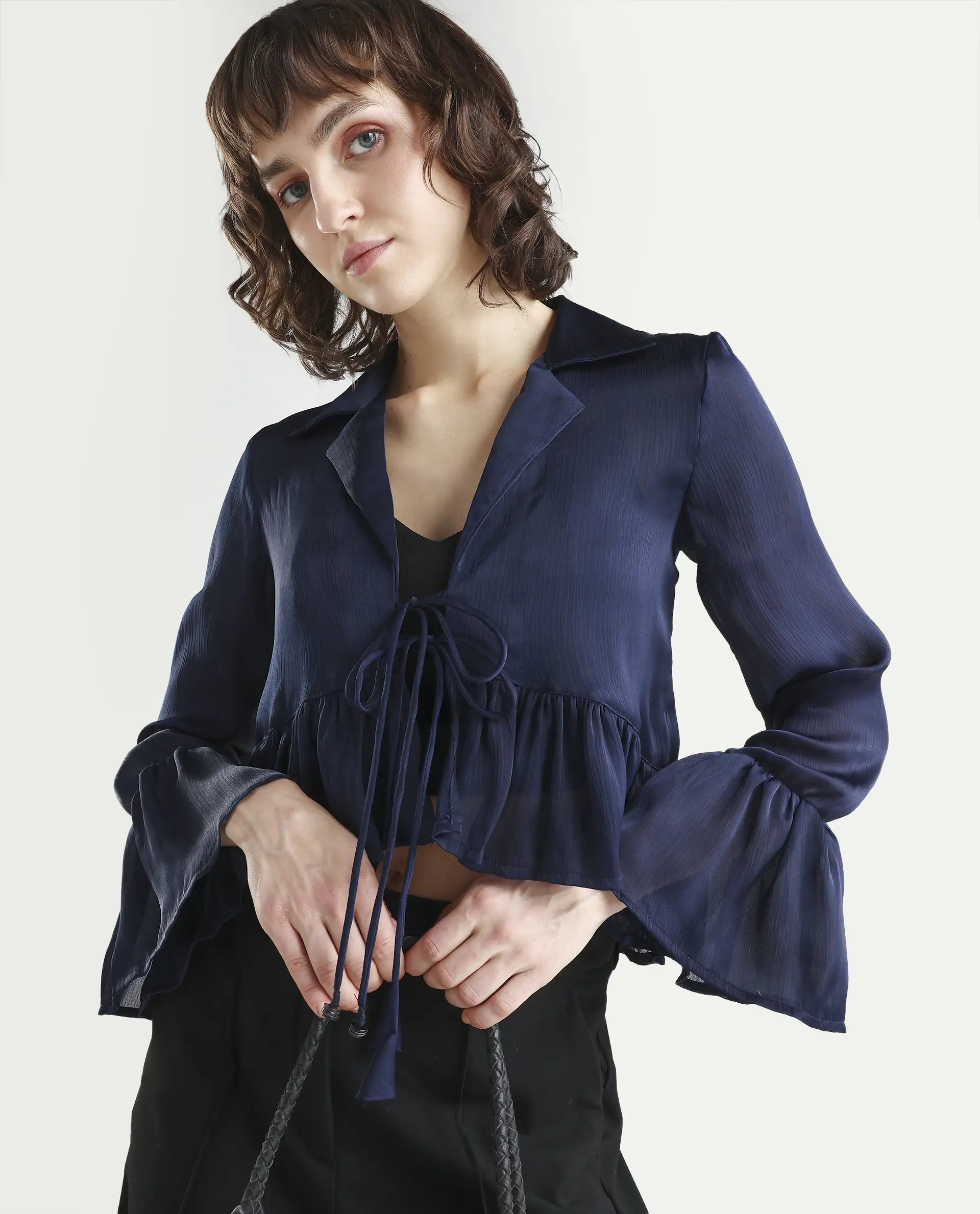 Rareism Women's Kint Navy Polyester Lapel Neck Plain Ruffled Sleeve Regular Fit Shrug - Image 4