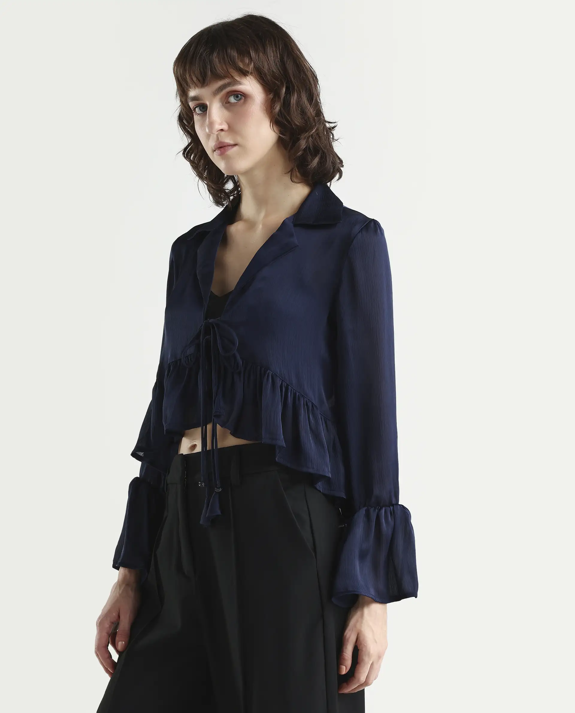 Rareism Women's Kint Navy Polyester Lapel Neck Plain Ruffled Sleeve Regular Fit Shrug - Image 5