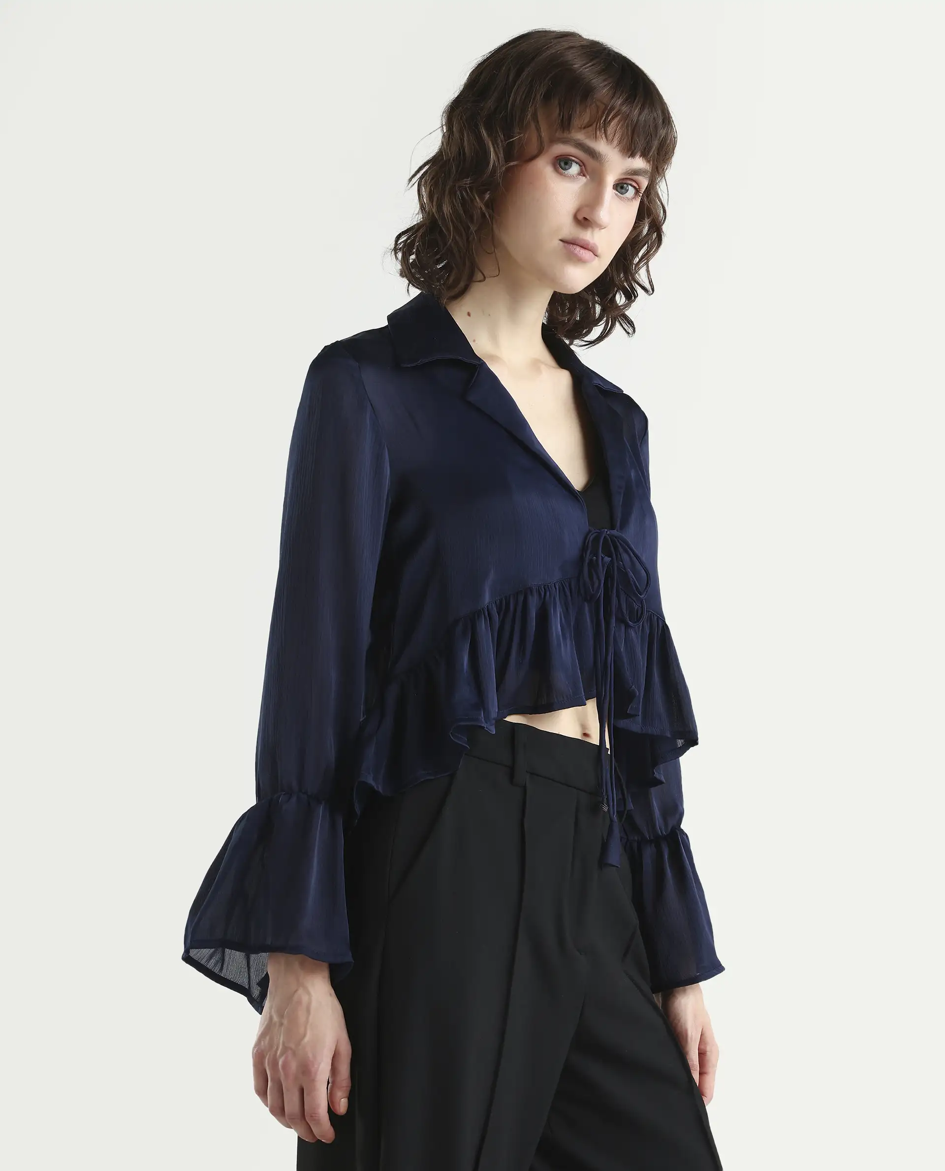 Rareism Women's Kint Navy Polyester Lapel Neck Plain Ruffled Sleeve Regular Fit Shrug - Image 6