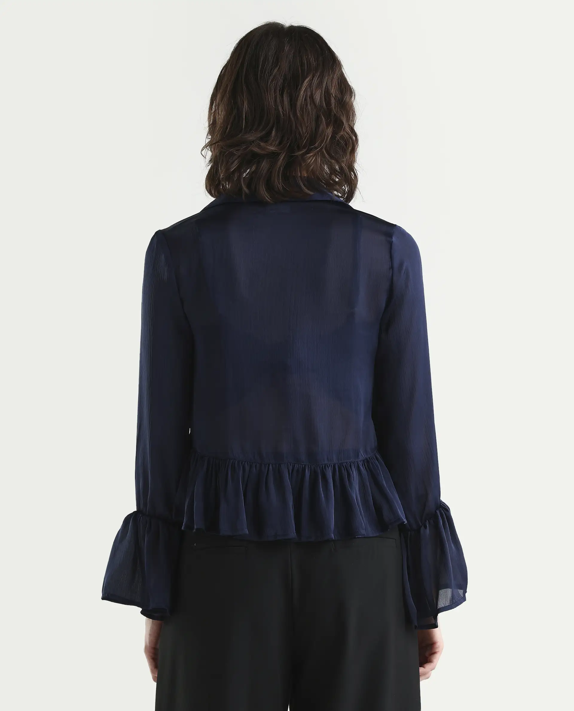 Rareism Women's Kint Navy Polyester Lapel Neck Plain Ruffled Sleeve Regular Fit Shrug - Image 7