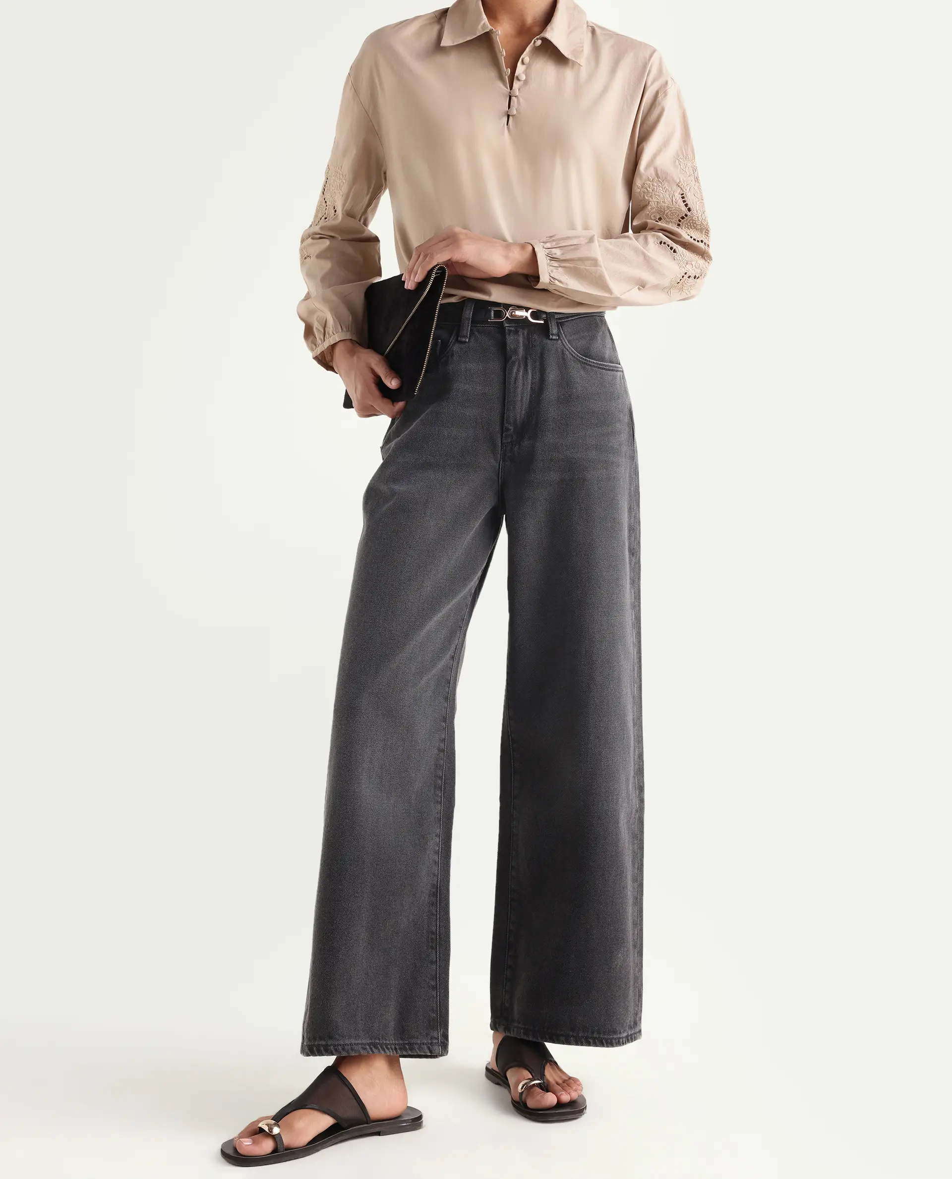 Rareism Women's Kinzy Black Cotton Plain Ankle Length Effortless Sculpt high wide Jeans