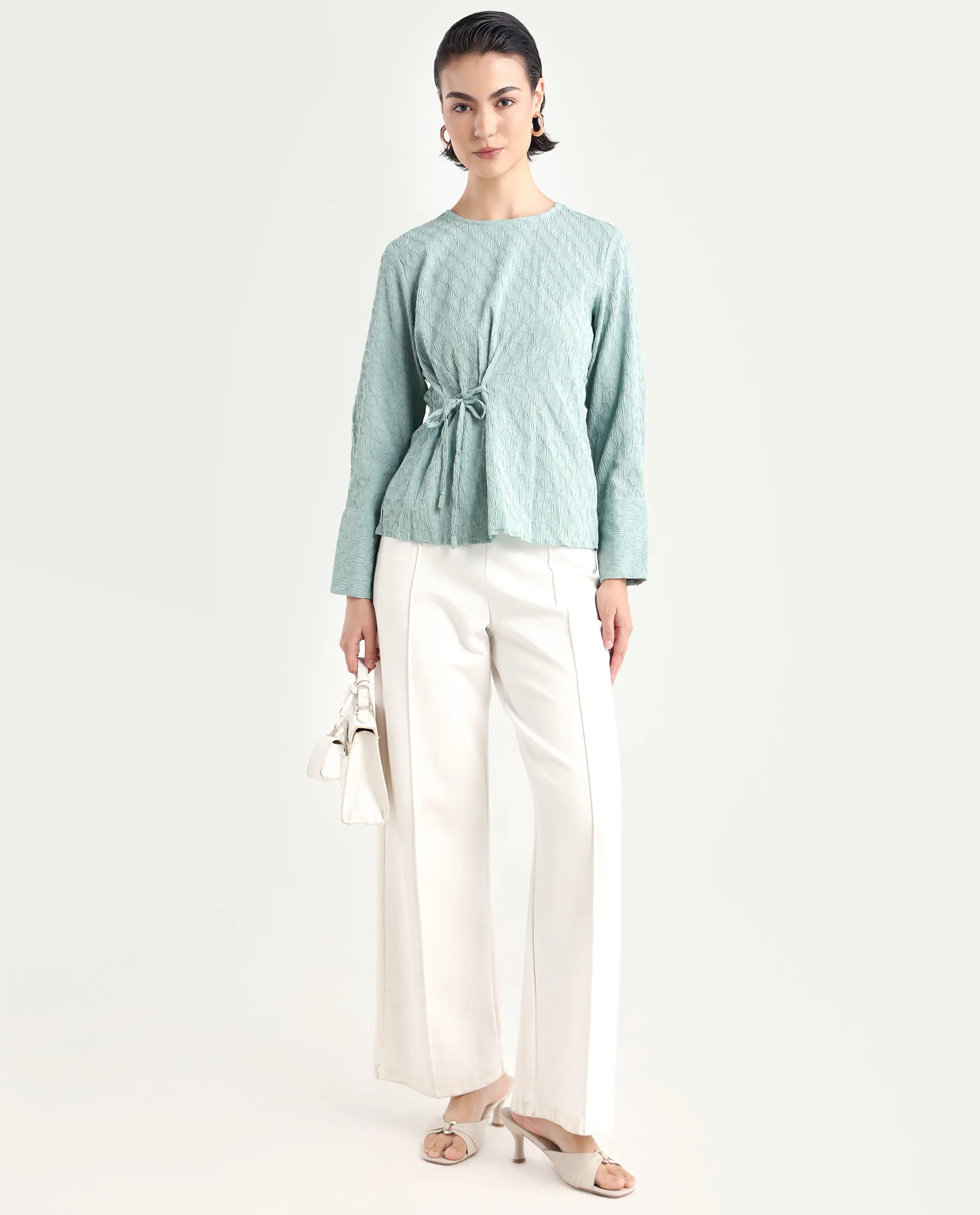 Rareism Women's Kiop Green Polyester Crew Neck Plain Cuffed Sleeve Regular Fit Top - Image 2