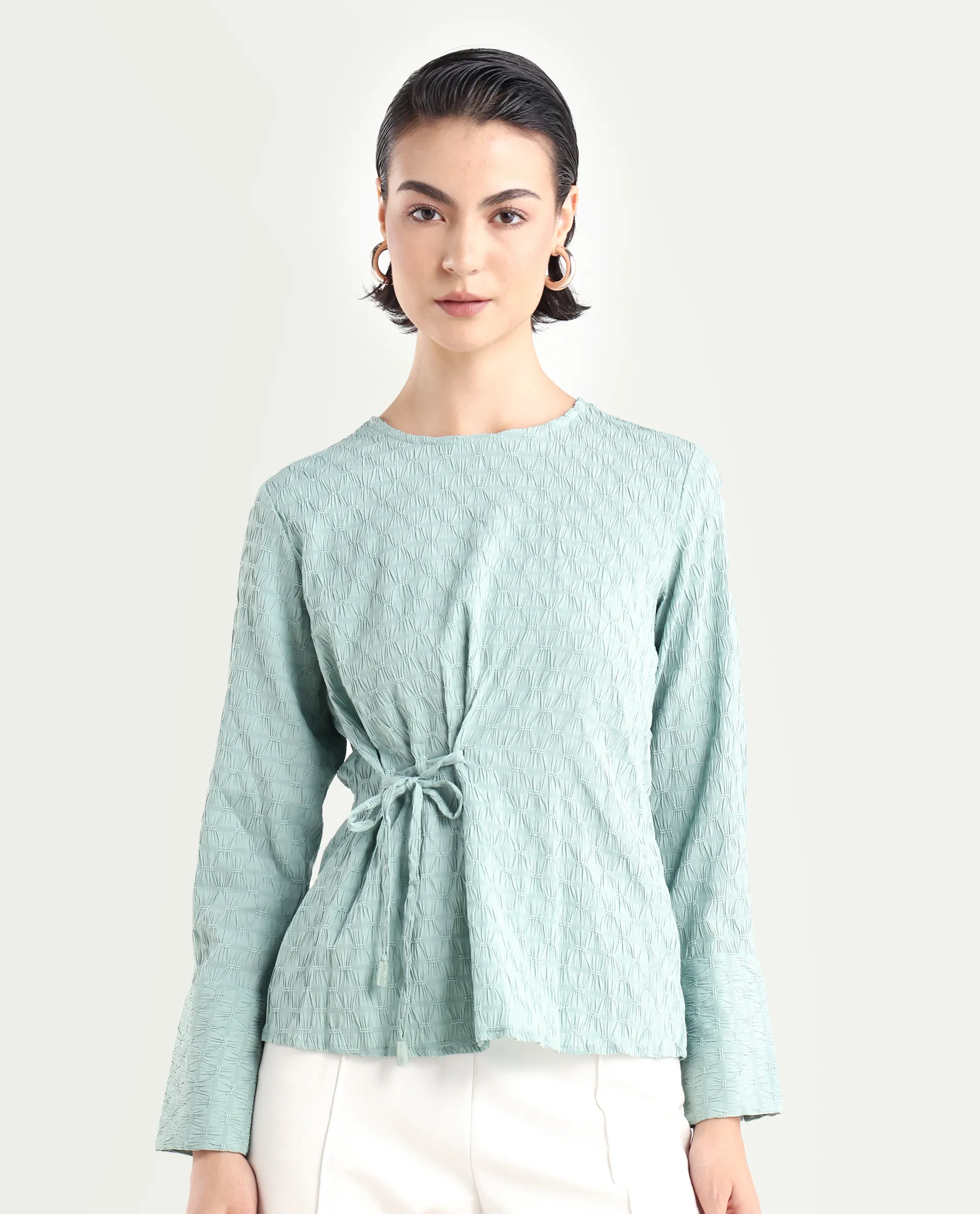 Rareism Women's Kiop Green Polyester Crew Neck Plain Cuffed Sleeve Regular Fit Top - Image 3