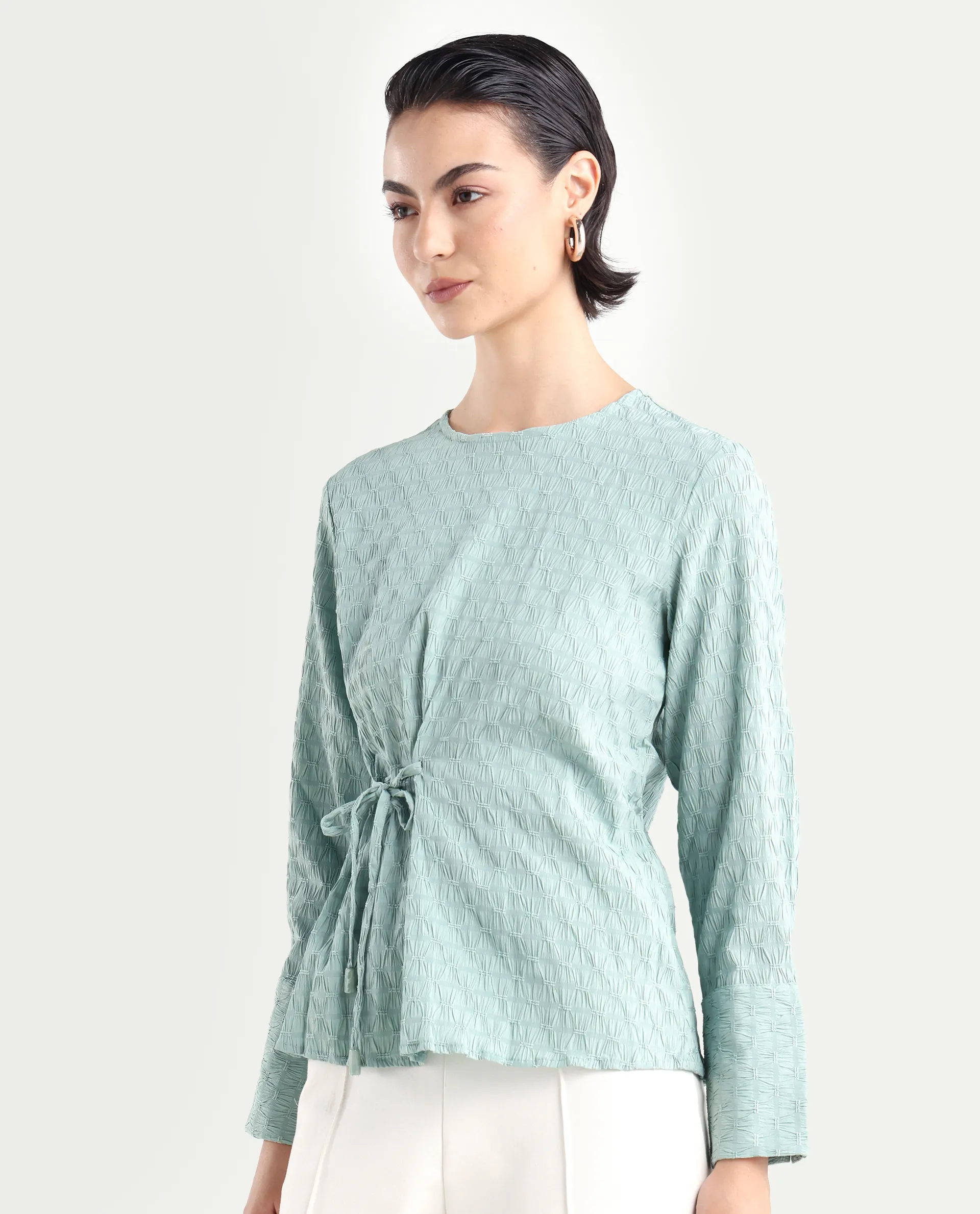 Rareism Women's Kiop Green Polyester Crew Neck Plain Cuffed Sleeve Regular Fit Top - Image 5