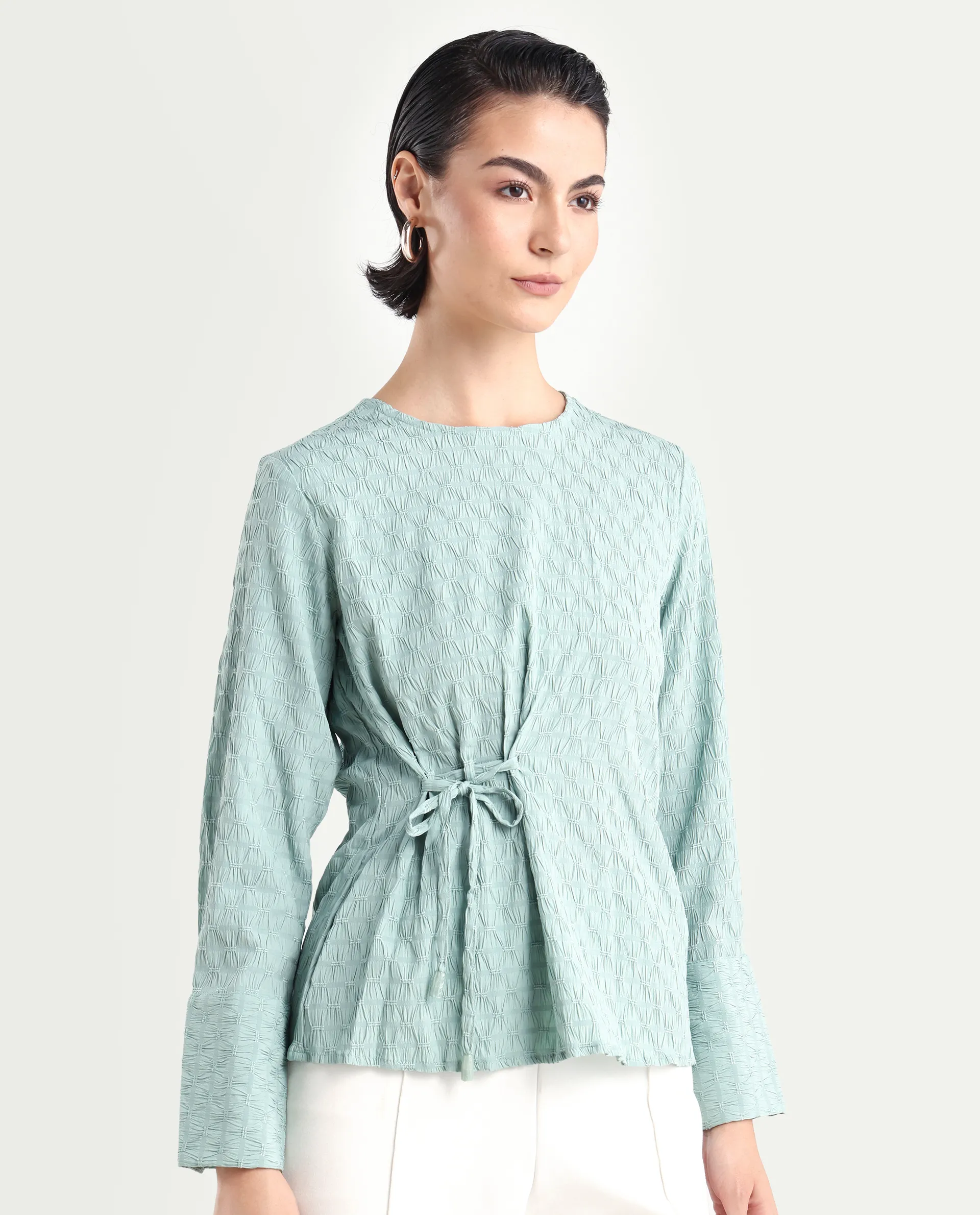 Rareism Women's Kiop Green Polyester Crew Neck Plain Cuffed Sleeve Regular Fit Top - Image 6